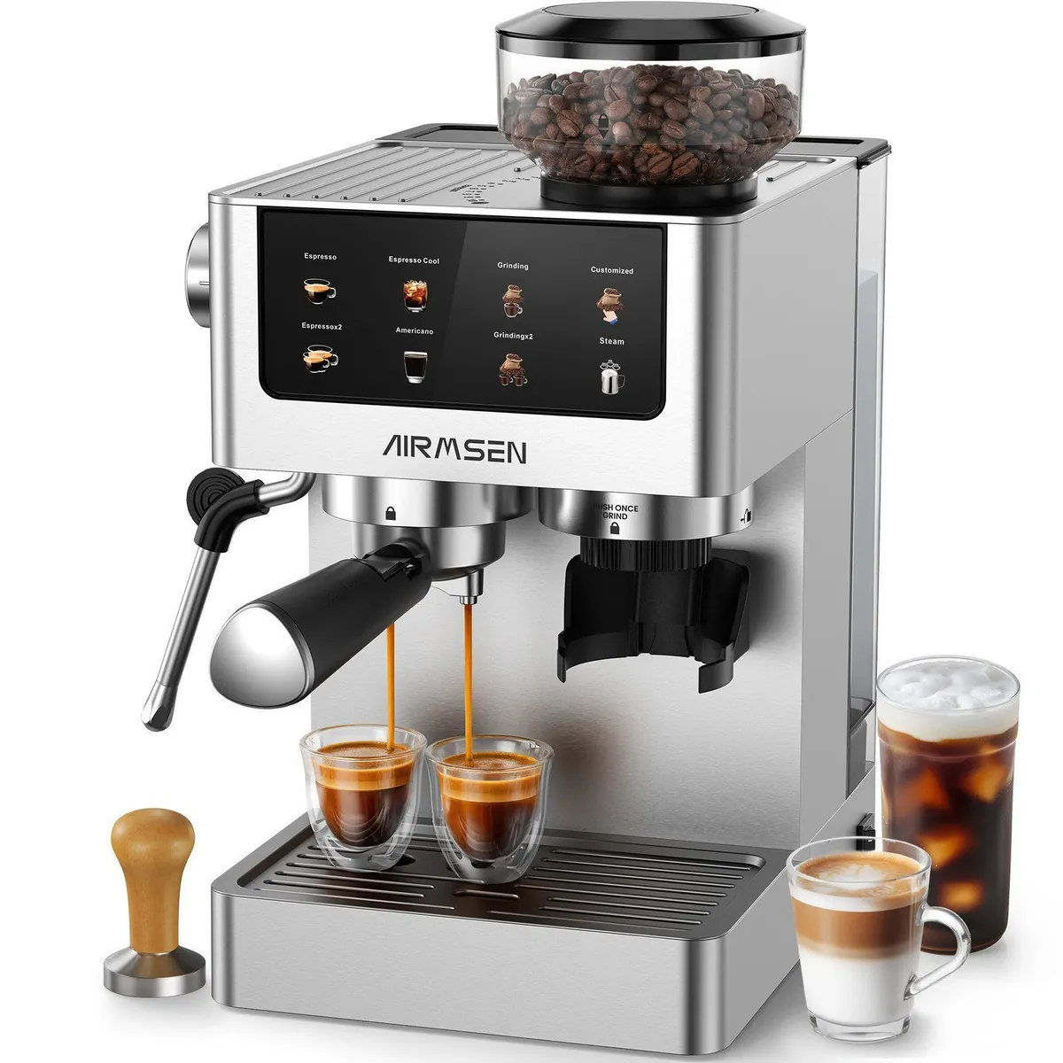 Airmsen Espressomaschine mit integrierter Mühle, 20 Bar Druck, Cold Brew-Funktion, individuell einstellbare Mahlmenge