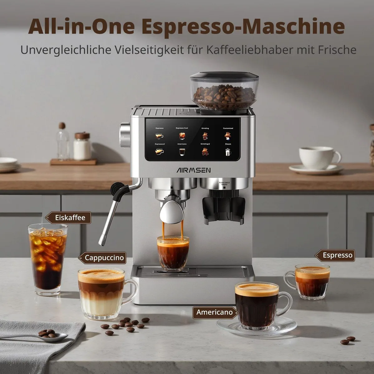 Airmsen Espressomaschine mit integrierter Mühle, 20 Bar Druck, Cold Brew-Funktion, individuell einstellbare Mahlmenge 2