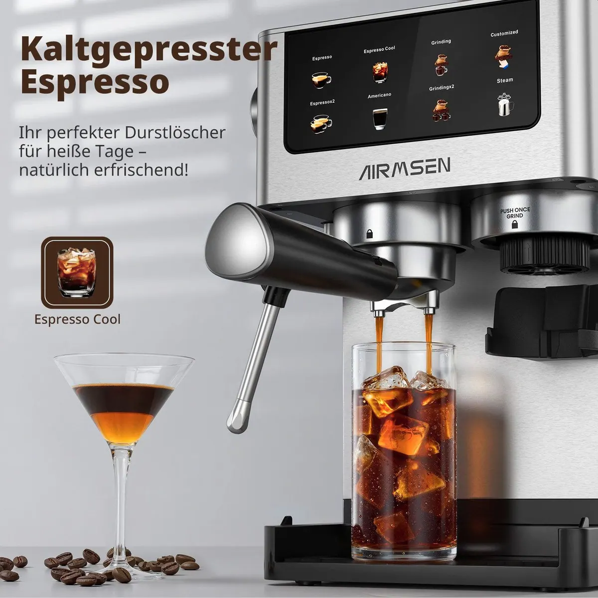 Airmsen Espressomaschine mit integrierter Mühle, 20 Bar Druck, Cold Brew-Funktion, individuell einstellbare Mahlmenge 3