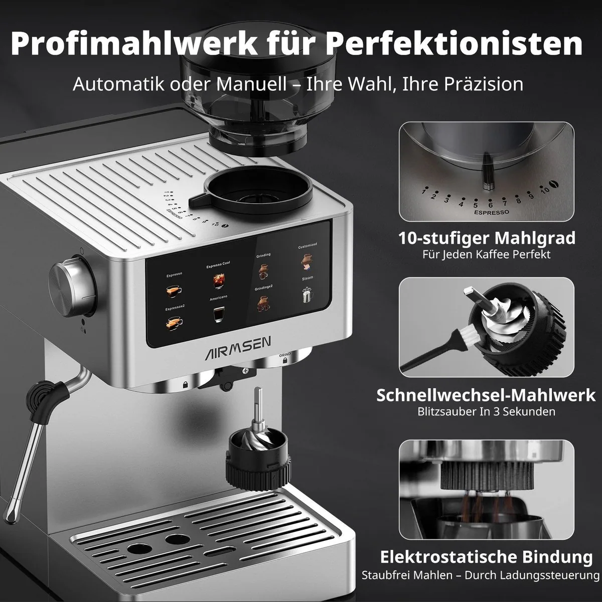 Airmsen Espressomaschine mit integrierter Mühle, 20 Bar Druck, Cold Brew-Funktion, individuell einstellbare Mahlmenge 4