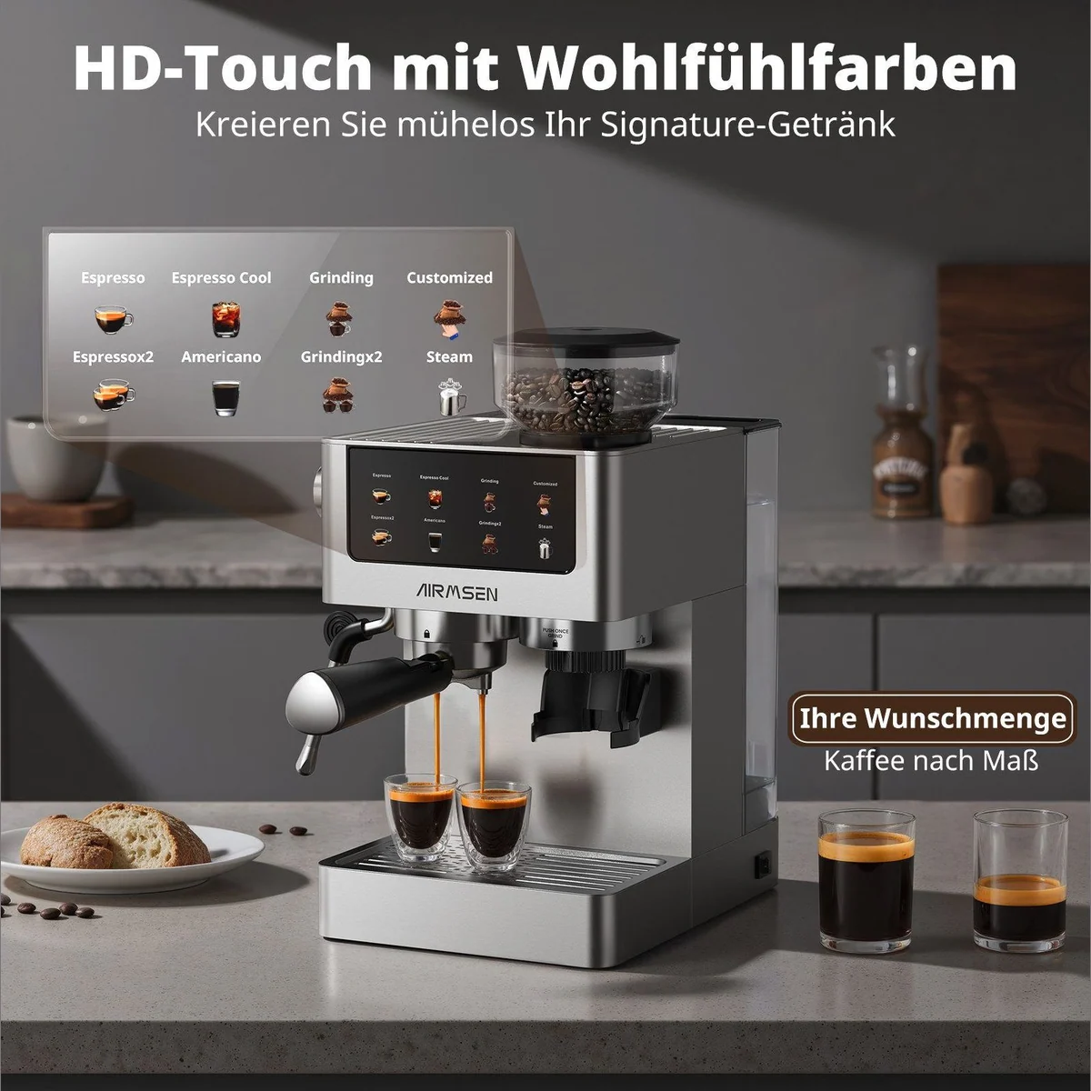 Airmsen Espressomaschine mit integrierter Mühle, 20 Bar Druck, Cold Brew-Funktion, individuell einstellbare Mahlmenge 5
