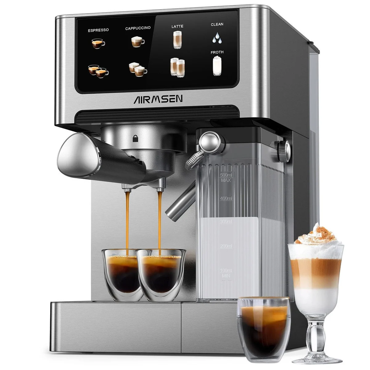 Airmsen Espressomaschine 20 Bar, automatischer Milchaufschäumer, Doppelkessel, 1.8L Wassertank