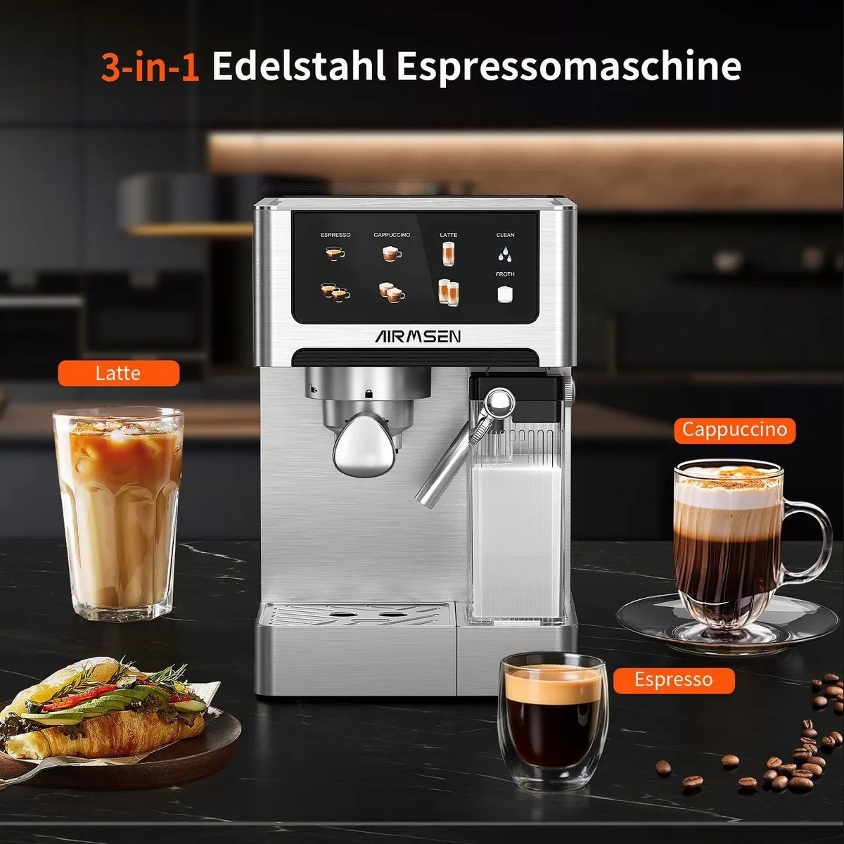 Airmsen Espressomaschine 20 Bar, automatischer Milchaufschäumer, Doppelkessel, 1.8L Wassertank 2