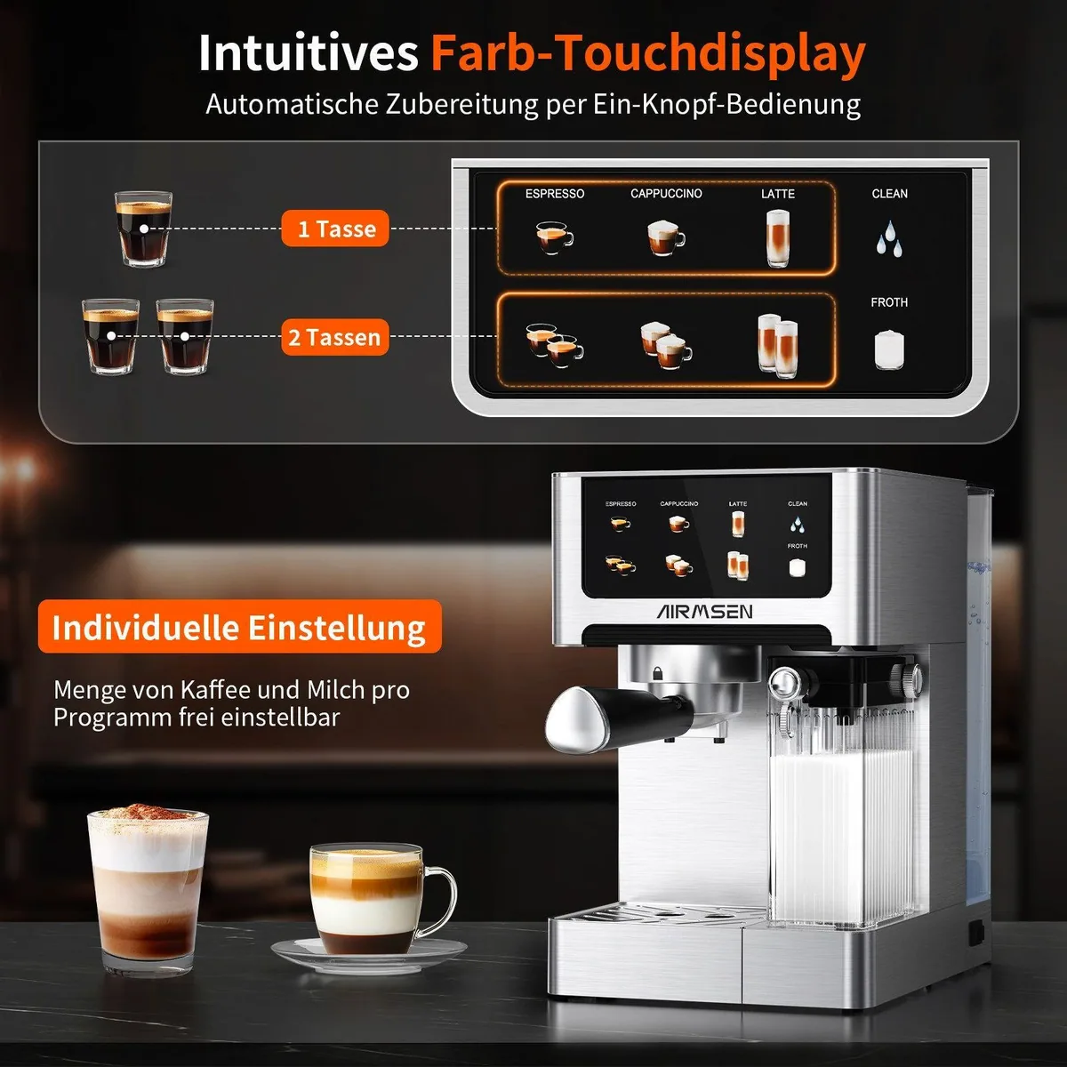 Airmsen Espressomaschine 20 Bar, automatischer Milchaufschäumer, Doppelkessel, 1.8L Wassertank 3