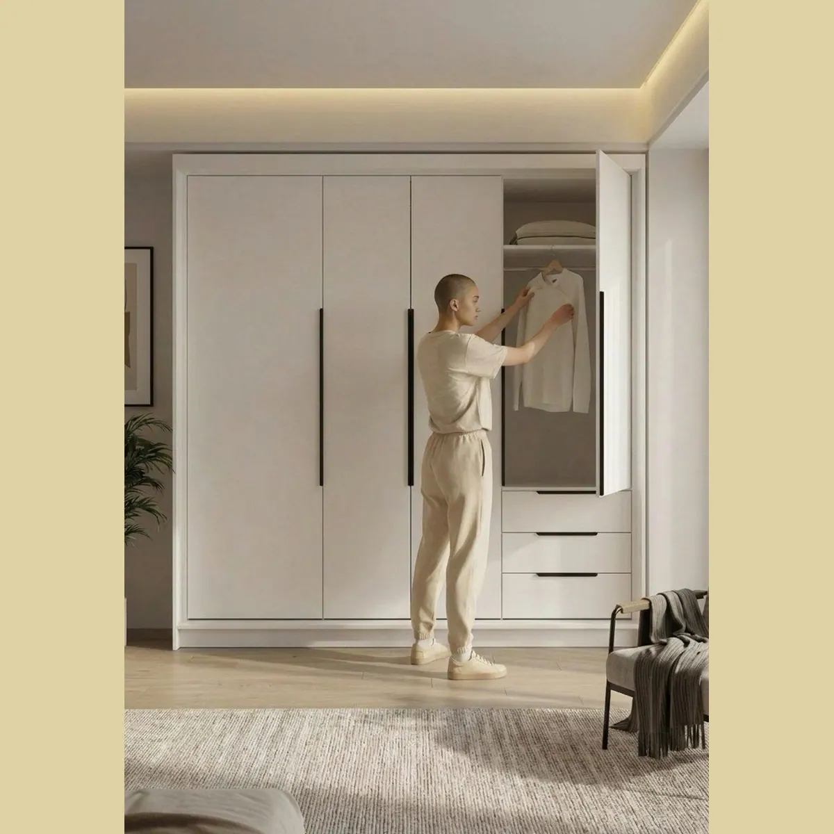 A&J MöbelLand viertüriger Kleiderschrank, geräumig mit Schubladen und Metallgriffen 3