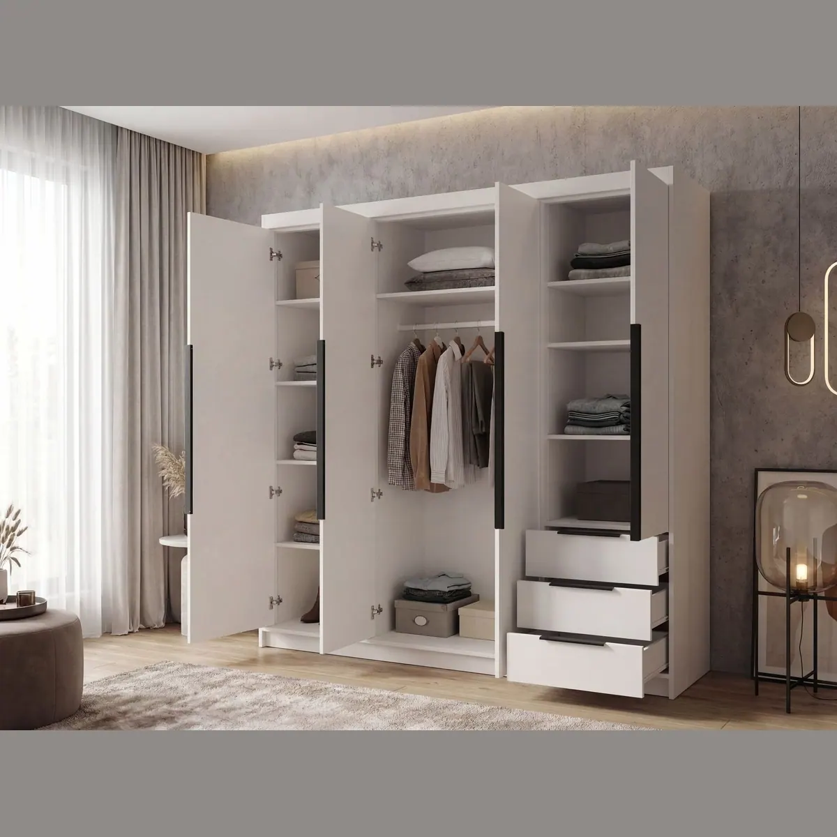 A&J MöbelLand viertüriger Kleiderschrank, geräumig mit Schubladen und Metallgriffen 4