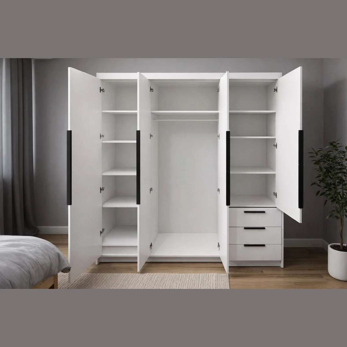 A&J MöbelLand viertüriger Kleiderschrank, geräumig mit Schubladen und Metallgriffen 5