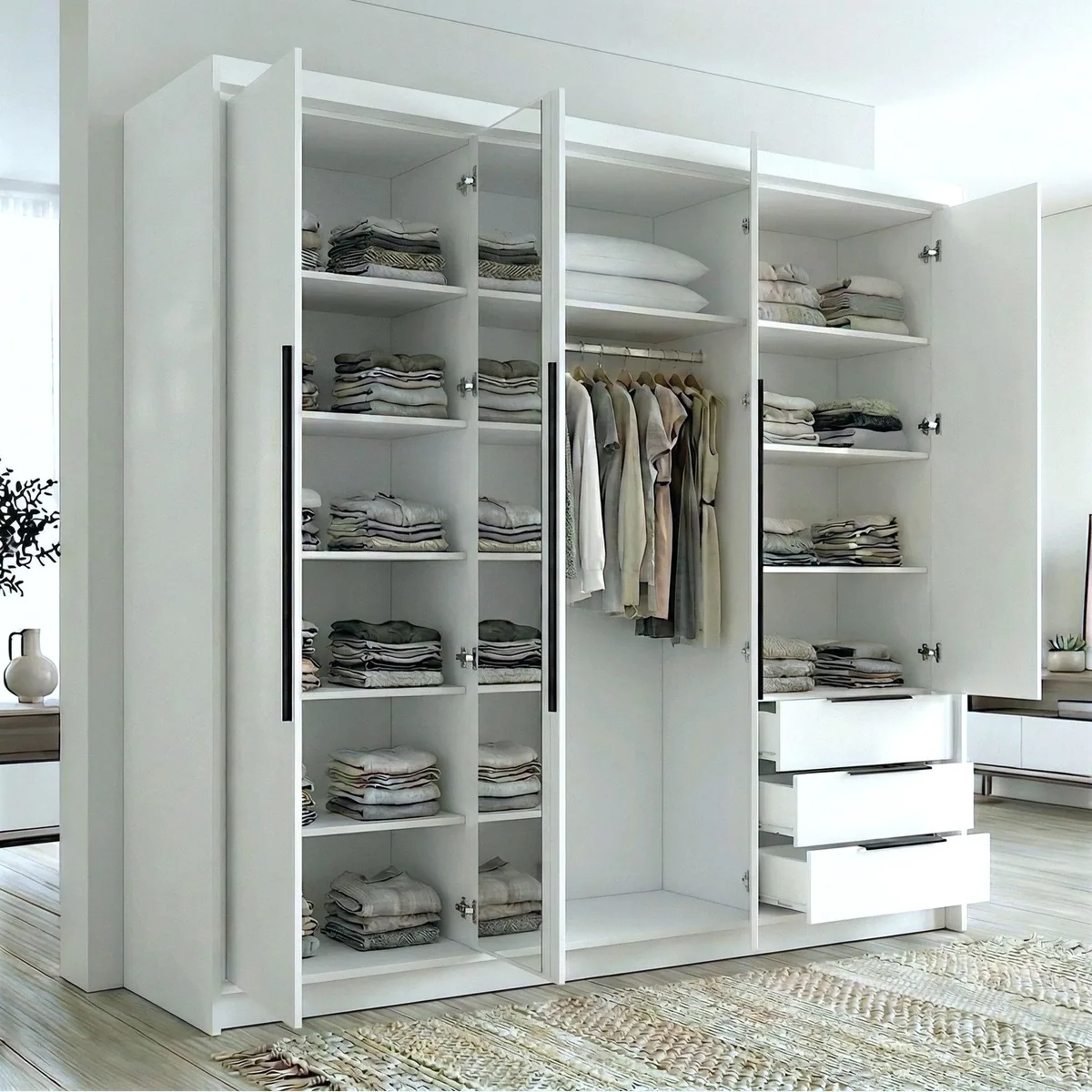 A&J MöbelLand VIVO Drehtürenschrank, geräumig und modern — inkl. Schubladen, elegante Metallgriffe, vielseitig einsetzbar 4
