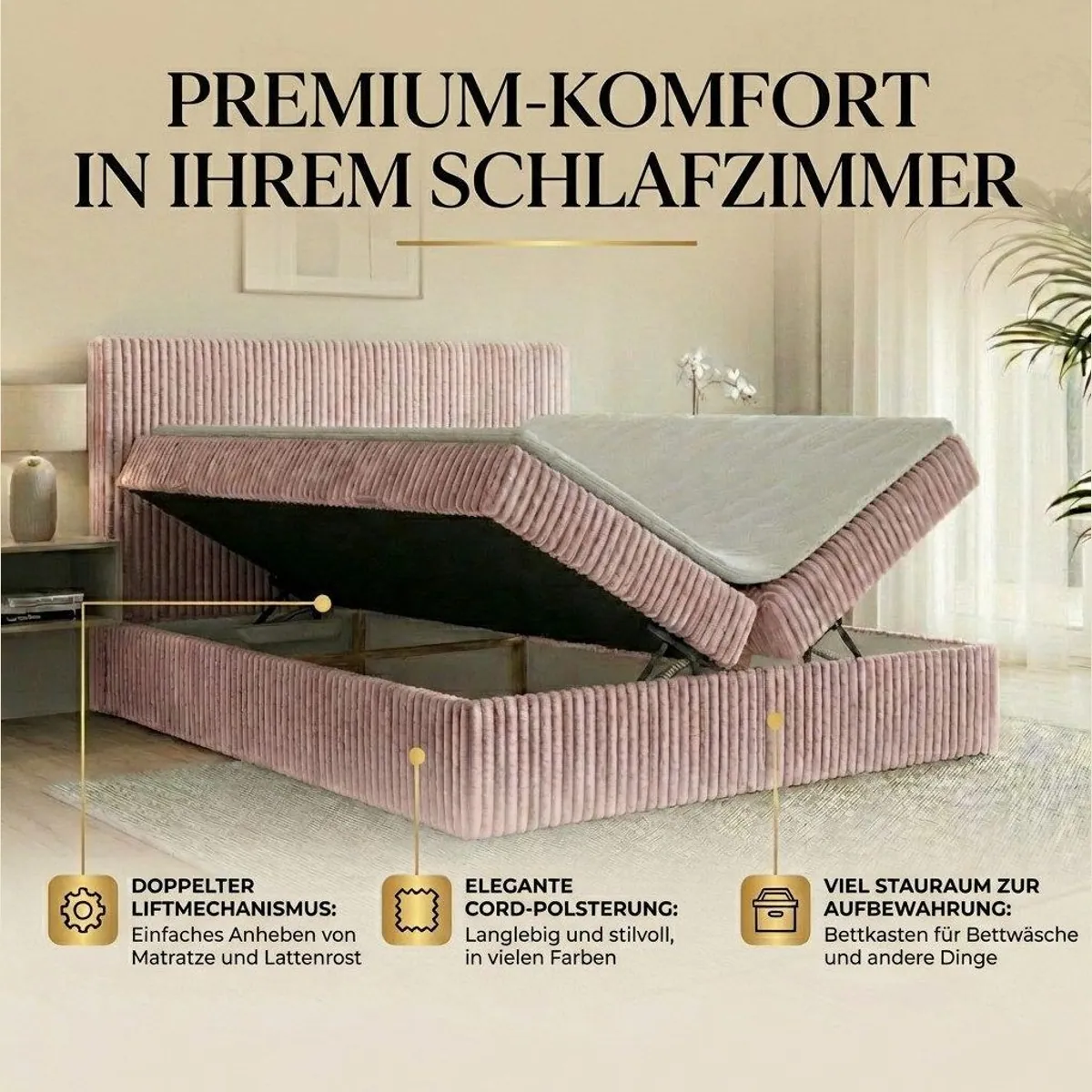A&J MöbelLand Boxspringbett RALF, gepolstertes Kopfteil, Bettkasten, wählbare Topper 5