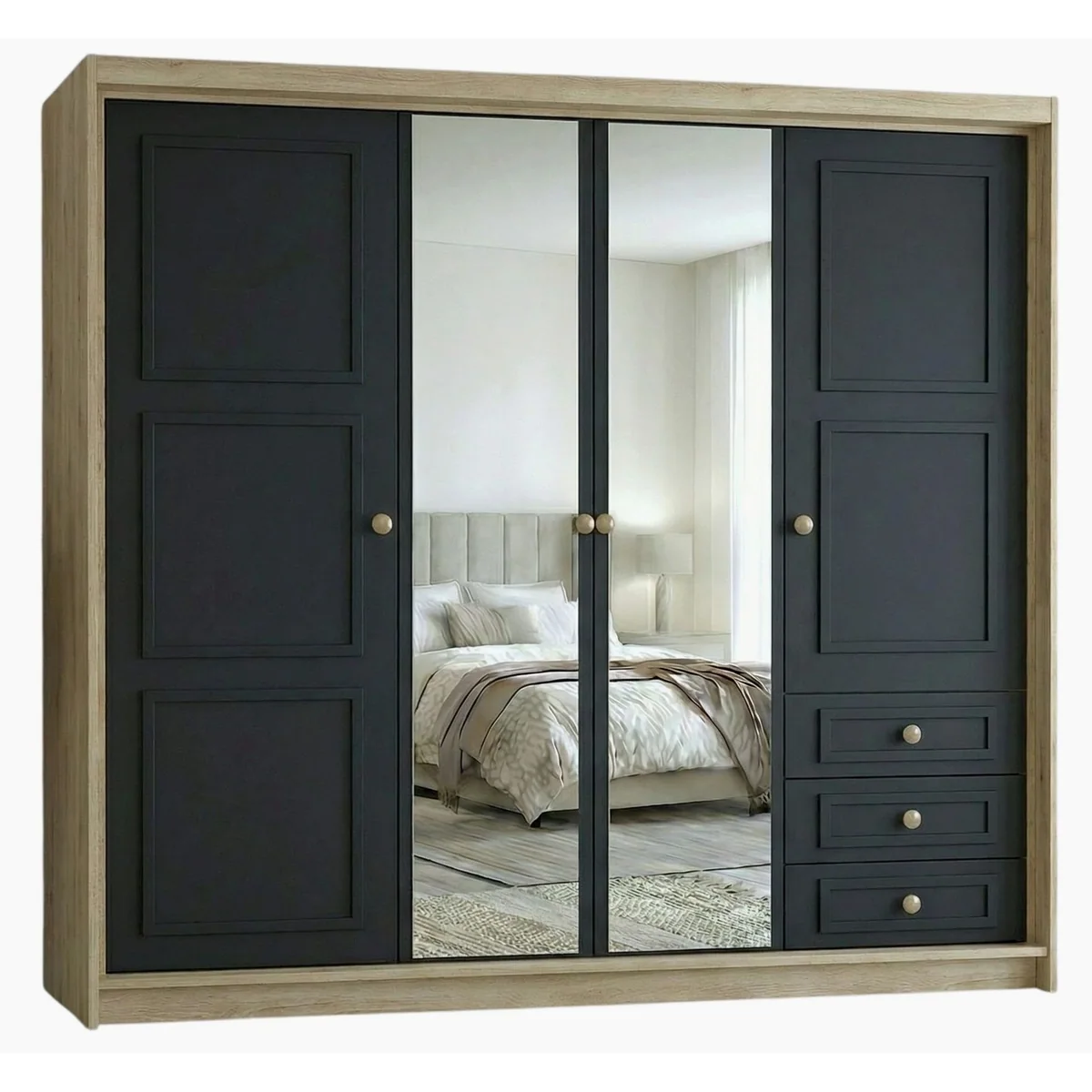 A&J MöbelLand Kleiderschrank OSLO, viertürig, viel Stauraum, moderne Metallgriffe
