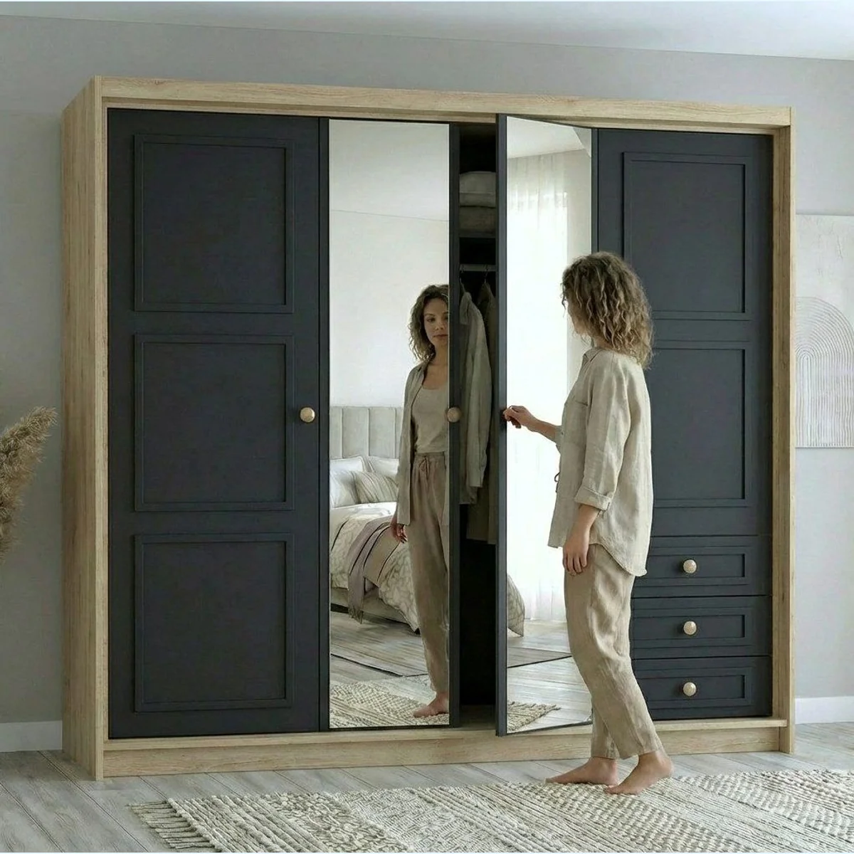 A&J MöbelLand Kleiderschrank OSLO, viertürig, viel Stauraum, moderne Metallgriffe 3