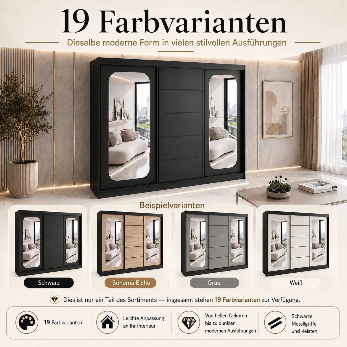 A&J MöbelLand Schiebetürenschrank BELANO, moderner Stil, großzügiger Stauraum, verschiedene Farben 4