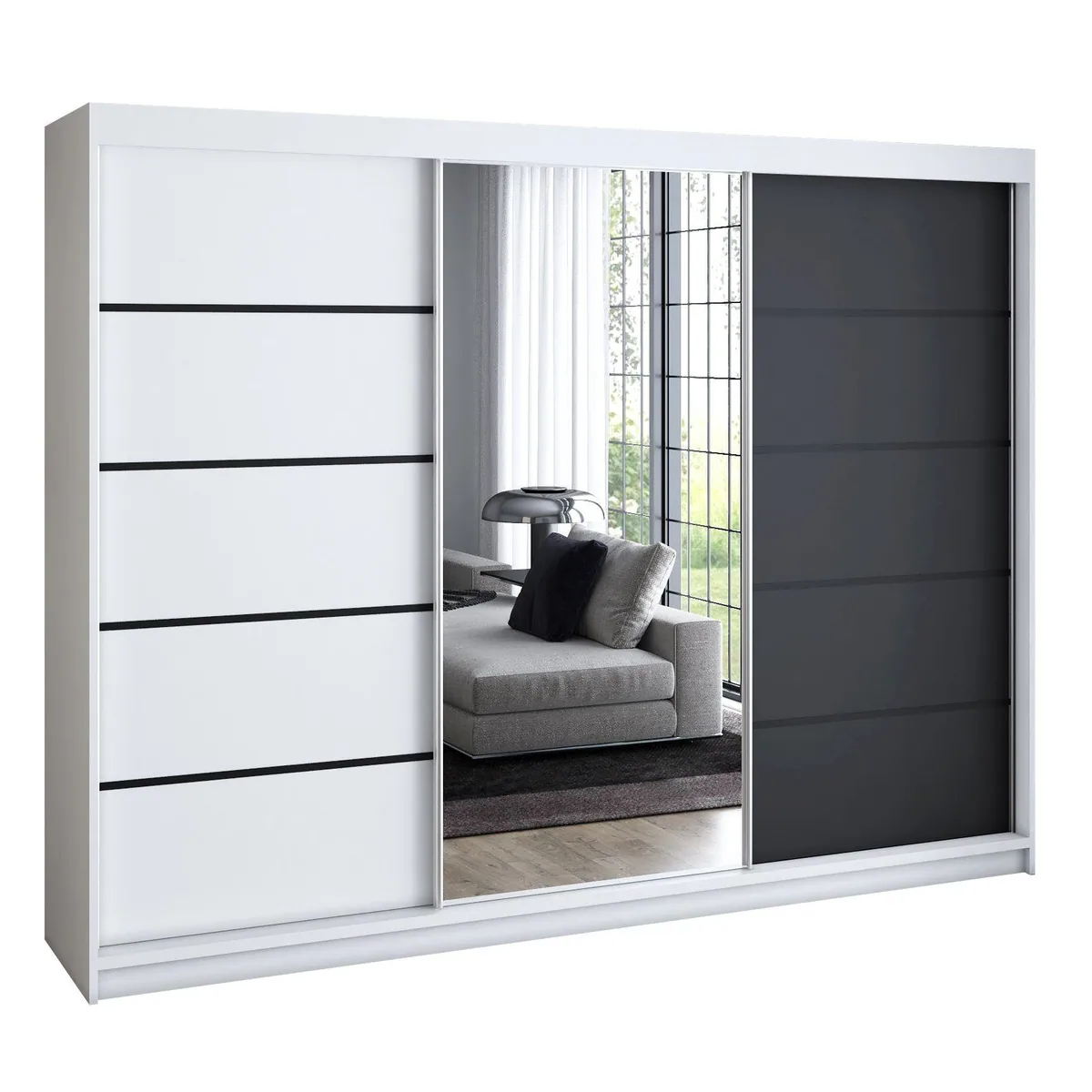 VILUNO Schiebetürenschrank, geräumig mit Spiegel, 3-türig — Viel Stauraum, moderne Optik, verschiedene Innenausstattungen