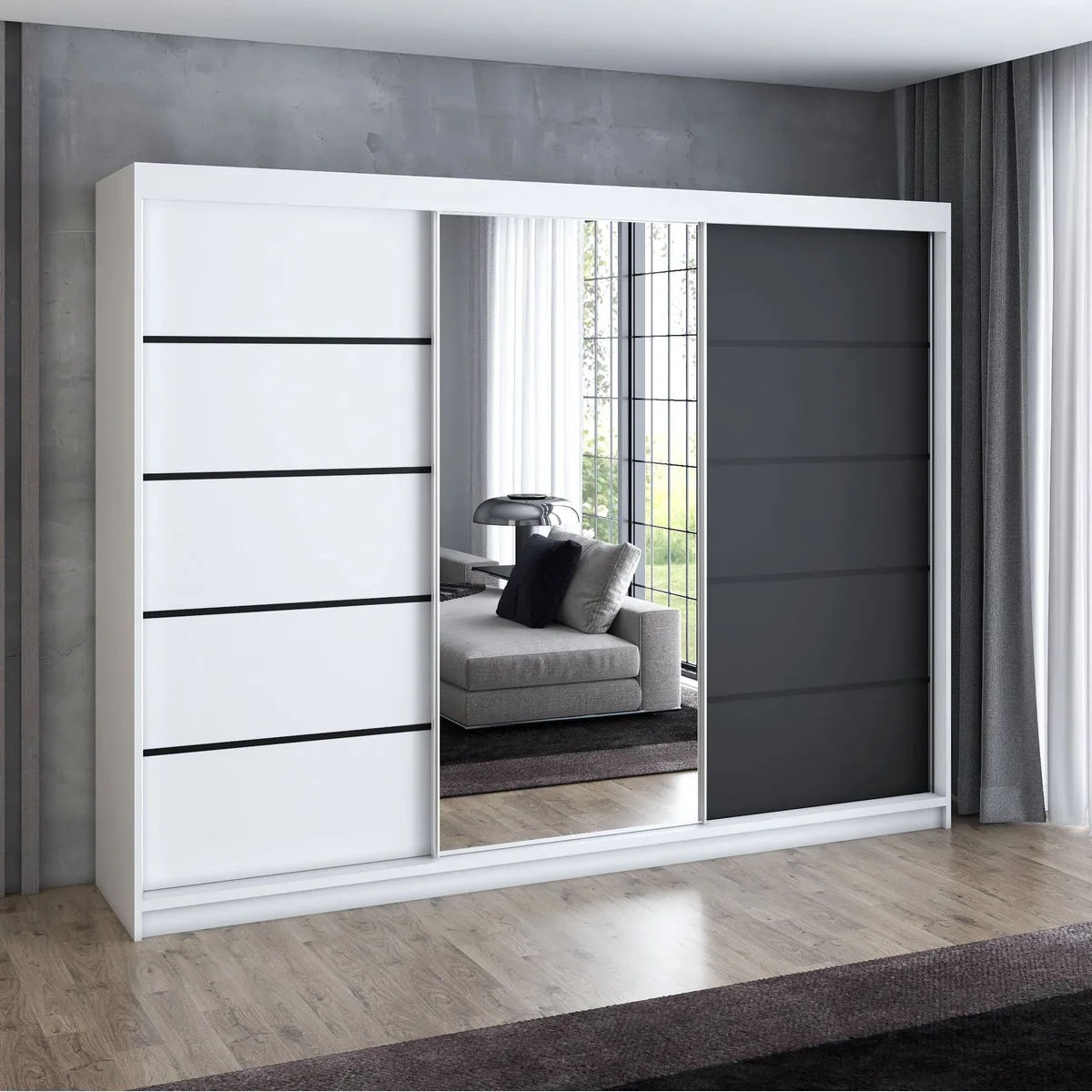 VILUNO Schiebetürenschrank, geräumig mit Spiegel, 3-türig — Viel Stauraum, moderne Optik, verschiedene Innenausstattungen 2