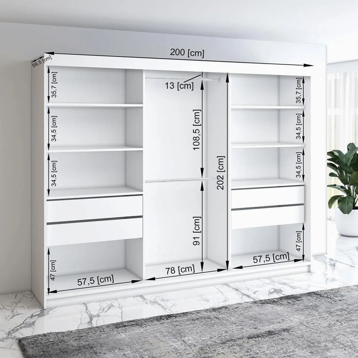 A&J MöbelLand Schiebetürenschrank ULMA, 200 cm, 3-türig mit Spiegeln, 4 Schubladen 5