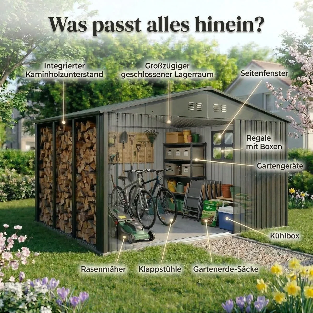 Albatros International Gerätehaus 4XL, abschließbar, wetterfest, mit Holzunterstand 3
