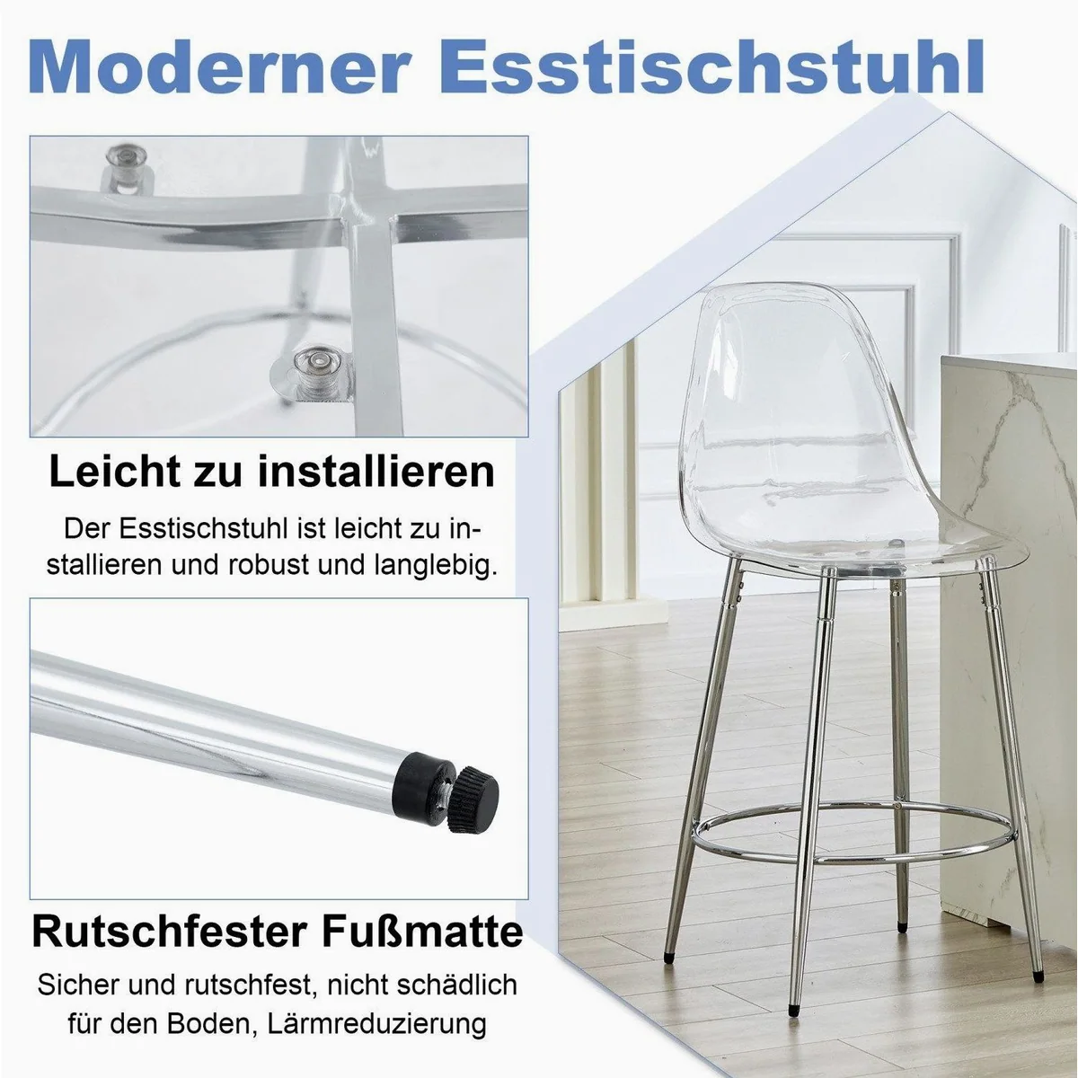 ANYSUN Barhocker 2er-Set, transparentes Design, ergonomische Rückenlehne, pflegeleicht 3