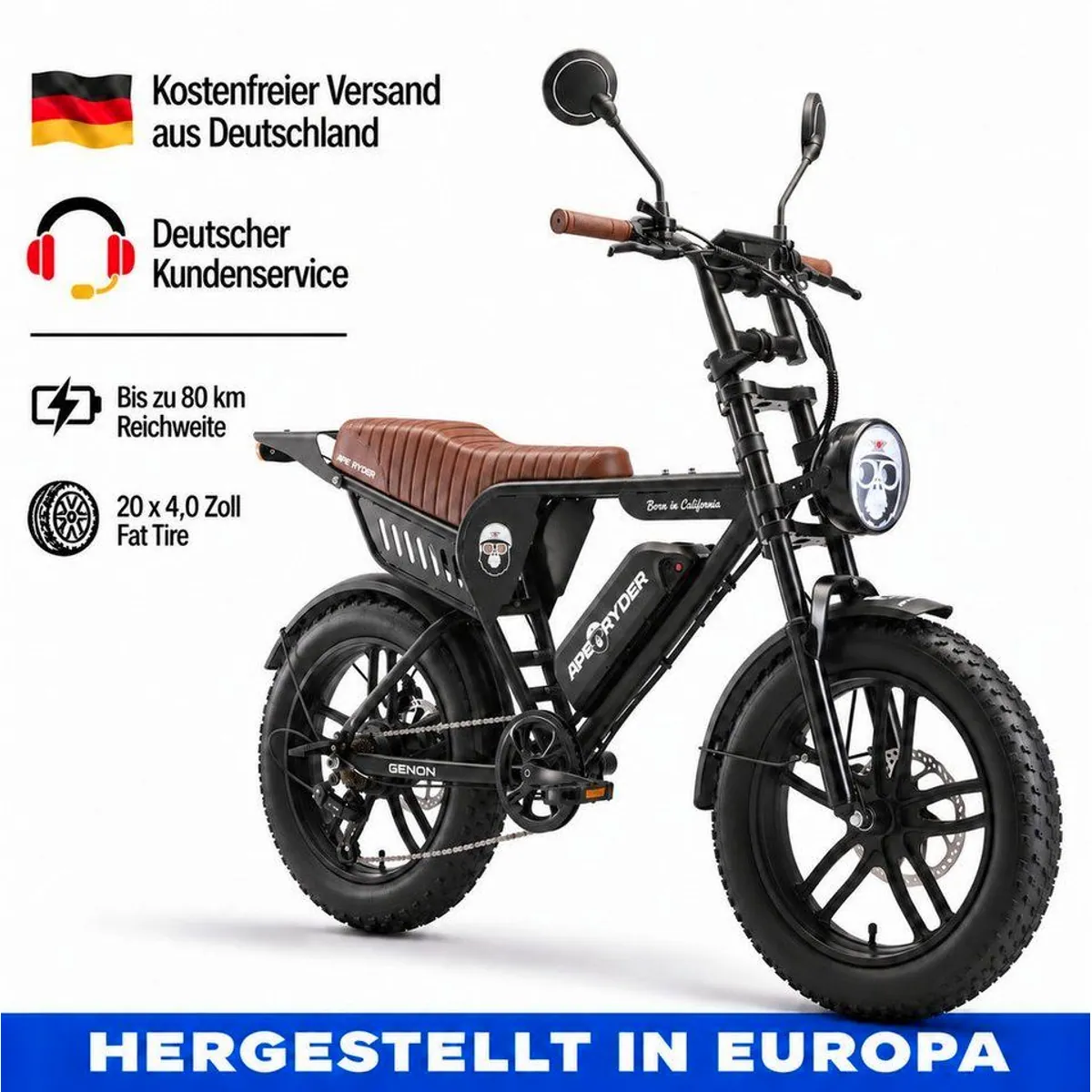 APE RYDER E-Bike Trekkingrad, 48V 15Ah Akku, Shimano 7-Gang, bis 80 km Reichweite