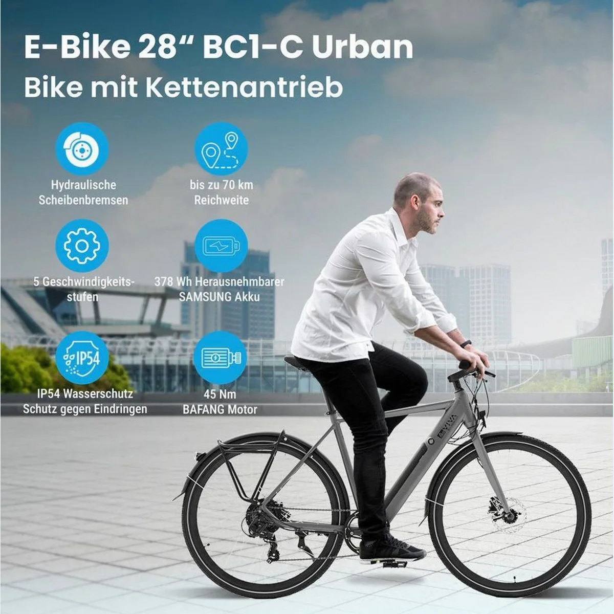 AsVIVA BC1-C E-Bike Cityrad, 28 Zoll, 70 km Reichweite, hydraulische Scheibenbremsen 2