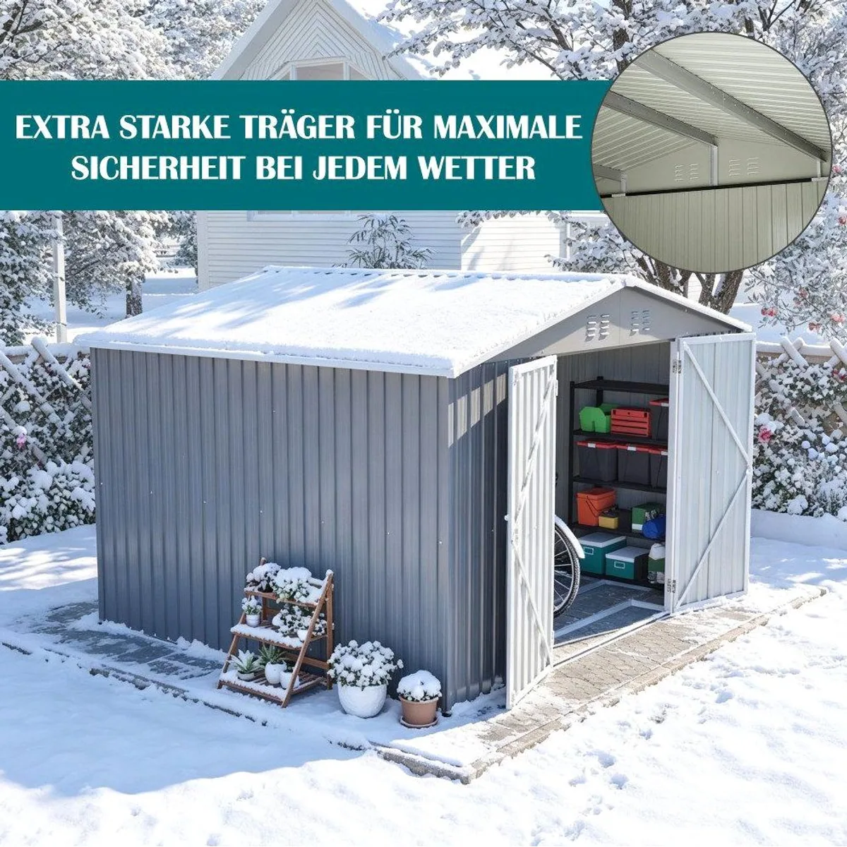 BBWL Geräteschuppen 300x252 cm, stabiler Stahlrahmen, Schiebetüren, Satteldach 4