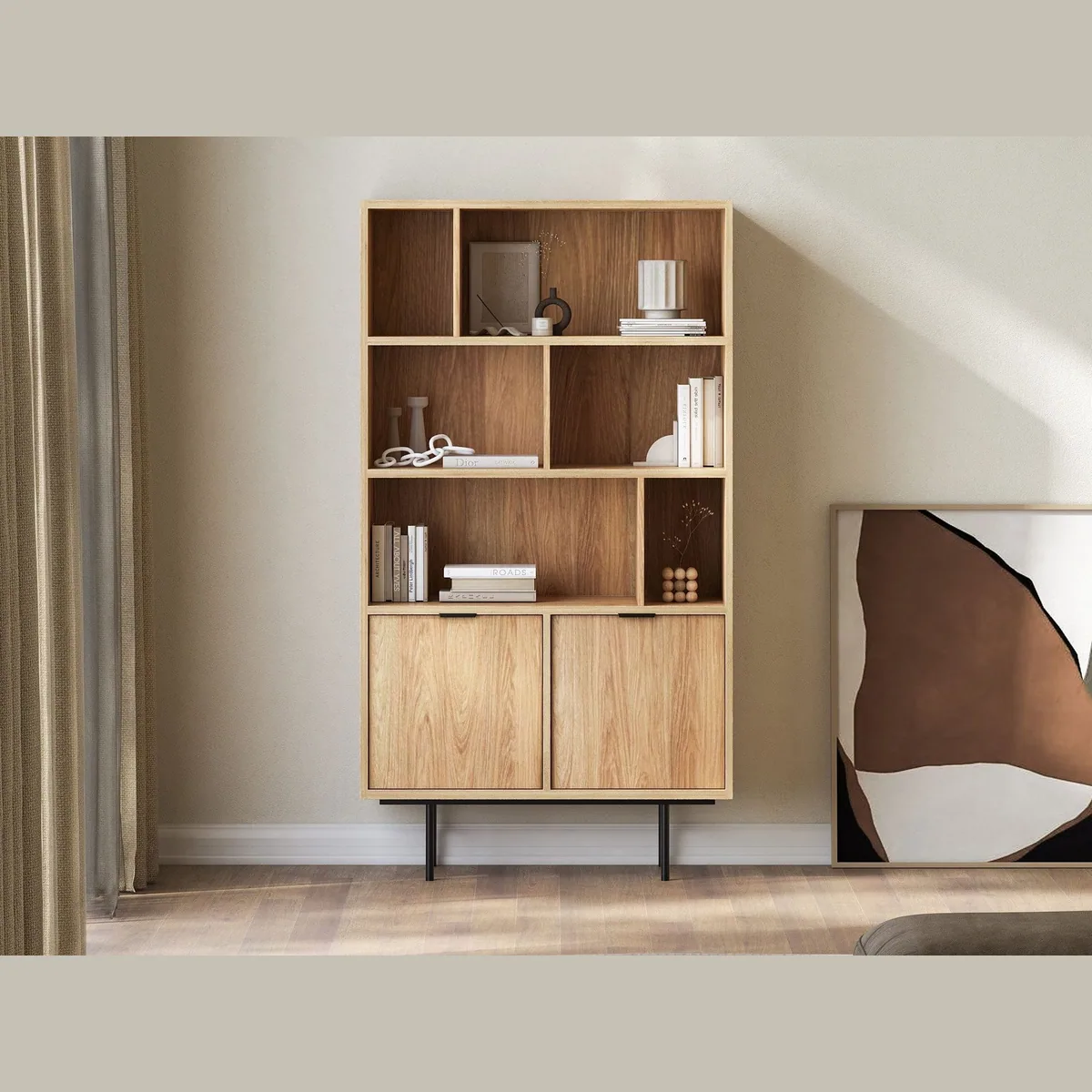 Beautysofa Bücherregal Evron, modernes Design, hohe Metallbeine, zwei Unterschränke