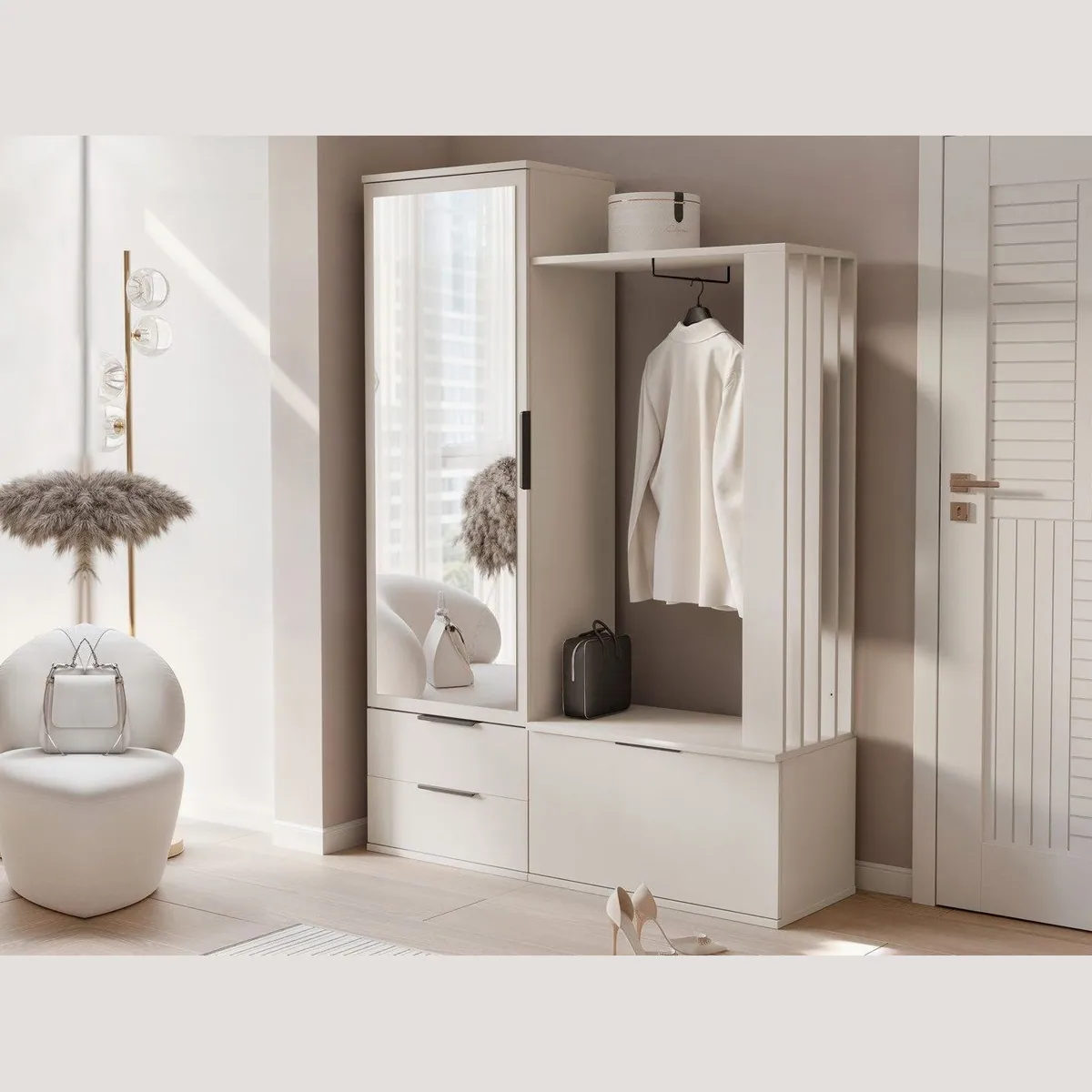 Beautysofa Garderobenschrank LORENZO, modern mit Spiegel – 2 Schubladen & Schuhfach