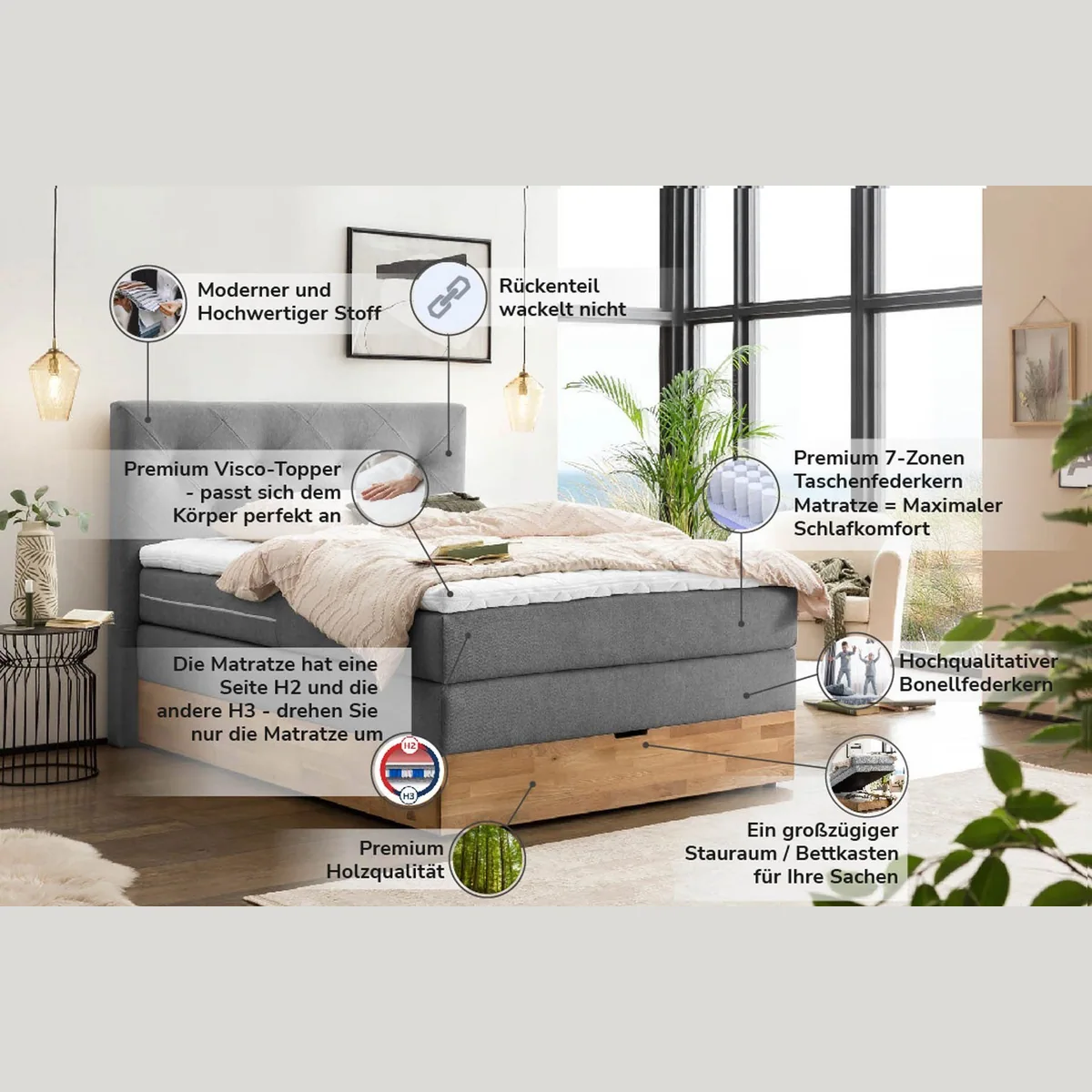 Belanoti Boxspringbett Marbo, 140x200 cm, 7-Zonen-TFK, Visco-Topper, Bettkasten 3