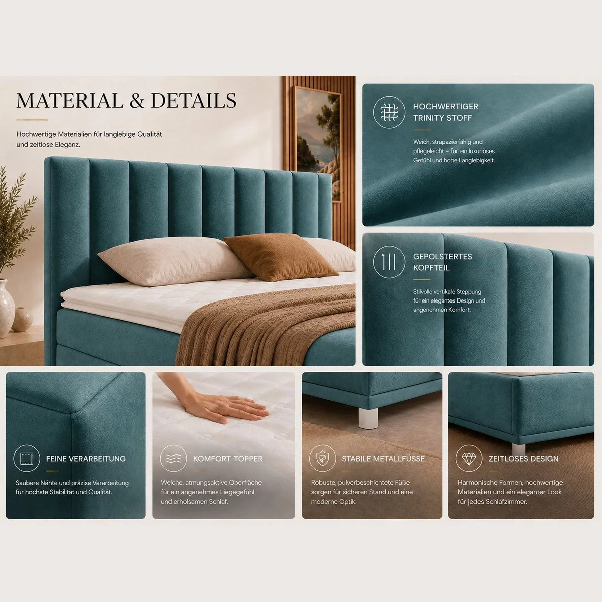 Best for Home Boxspringbett Trinity K-10, Stauraum & 7-Zonen Komfort-Topper — elegantes Design, hohe Stabilität, druckentlastender Komfort 4