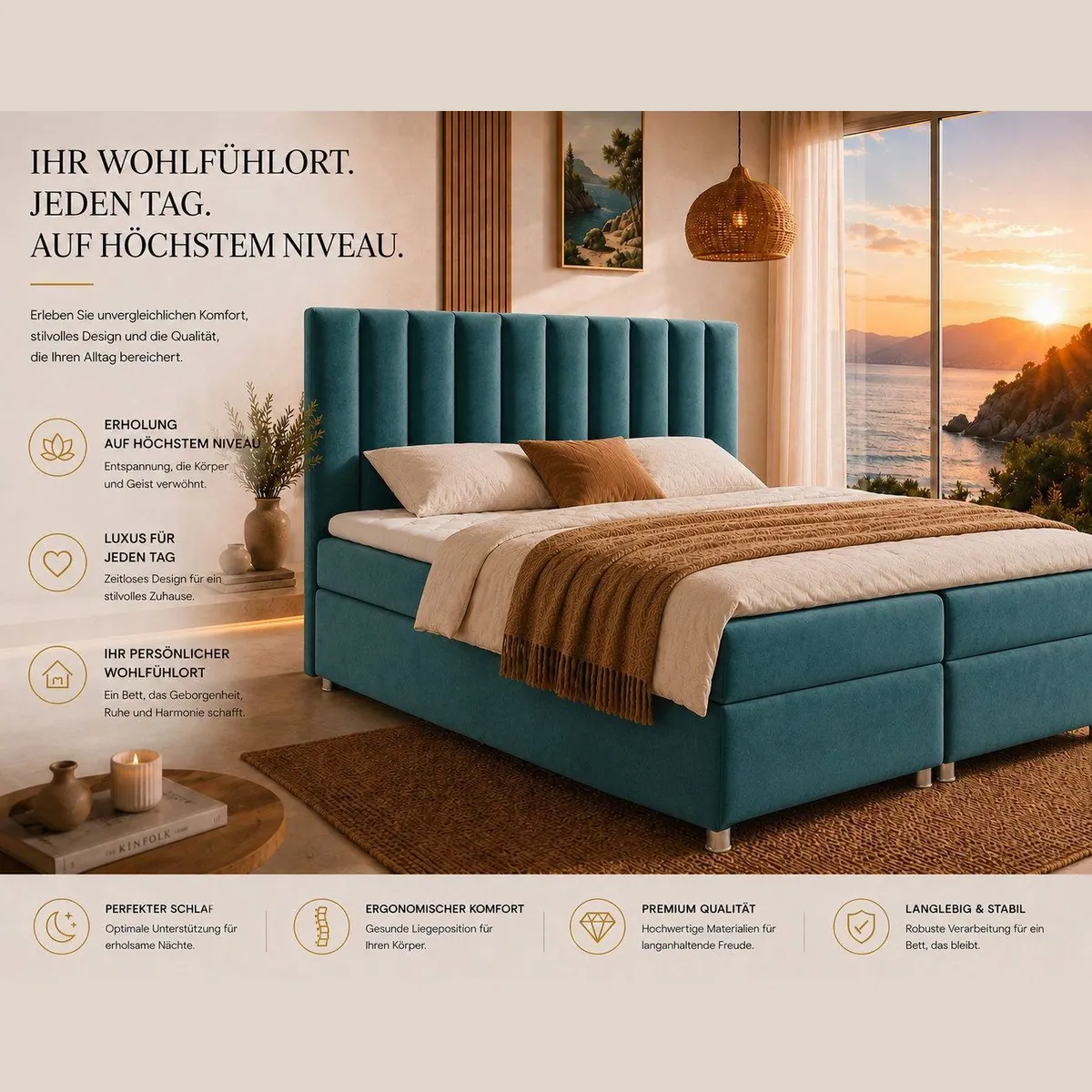 Best for Home Boxspringbett Trinity K-10, Stauraum & 7-Zonen Komfort-Topper — elegantes Design, hohe Stabilität, druckentlastender Komfort 5