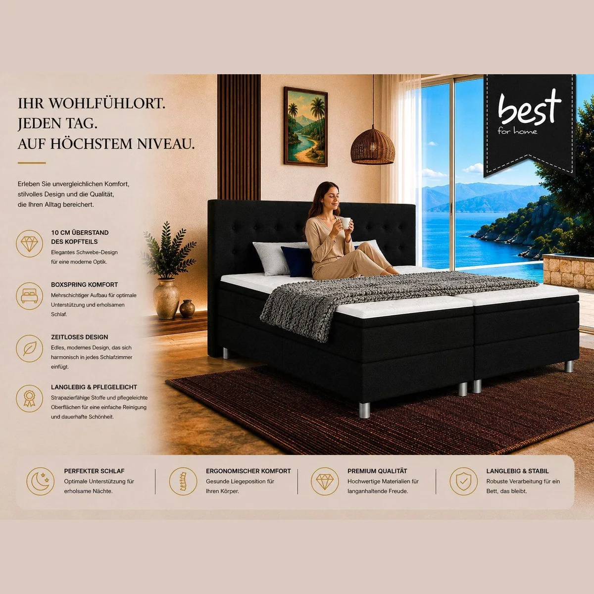 Best for Home Boxspringbett Neo Sawana, ergonomischer Schlafkomfort mit 7-Zonen-Matratze und Topper 5