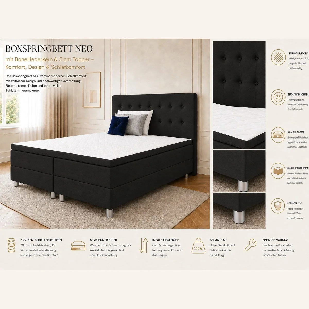 Best for Home Neo Boxspringbett, ergonomische 7-Zonen Matratze, modernes Design 3