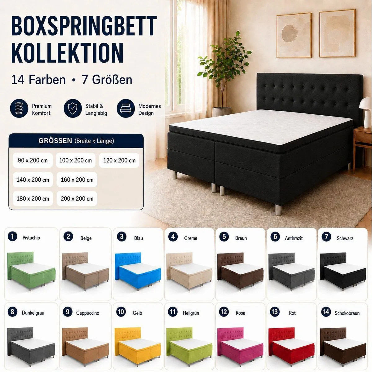 Best for Home Neo Boxspringbett, ergonomische 7-Zonen Matratze, modernes Design 5