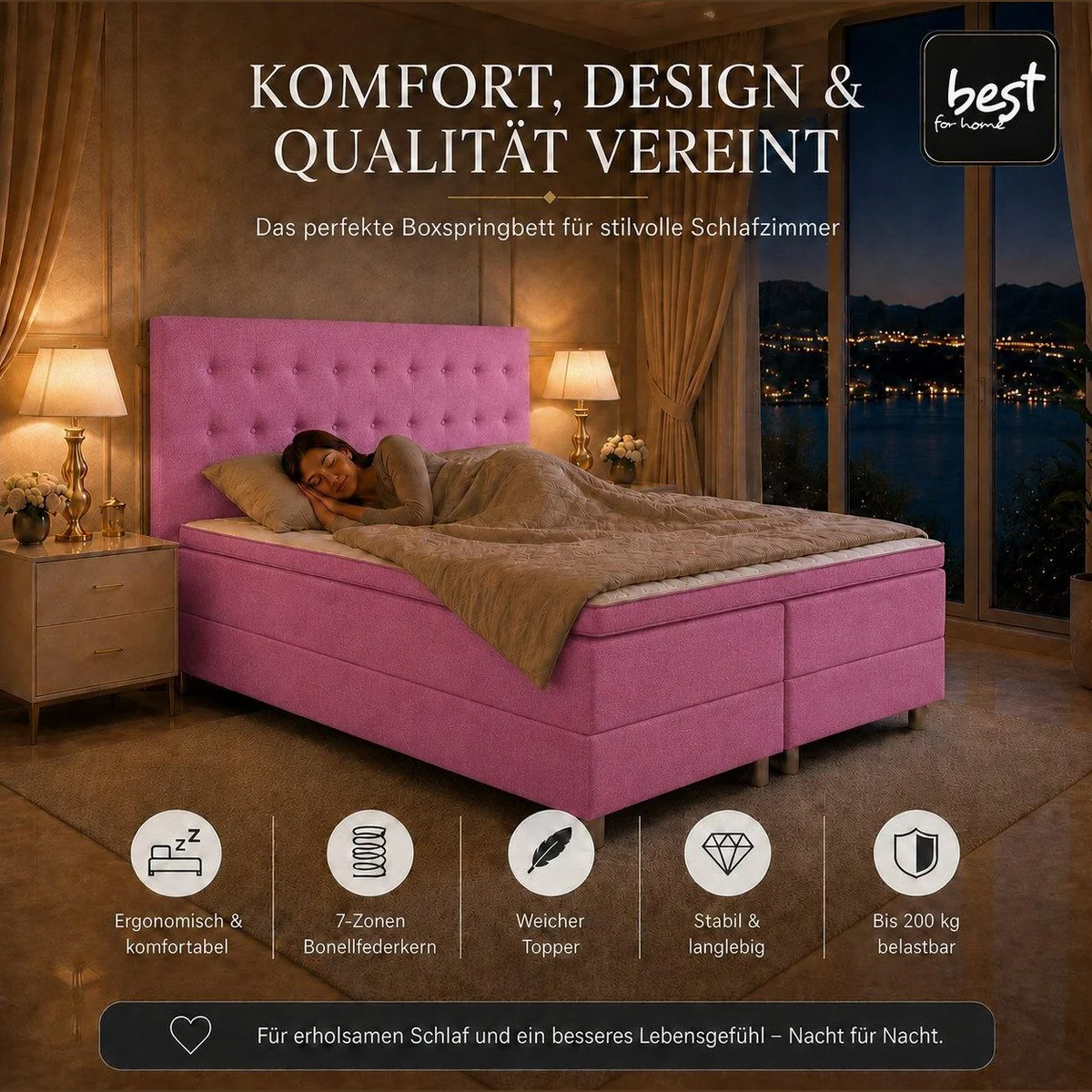 Best for Home Boxspringbett NEO, ergonomischer Schlafkomfort, modernes Design, inklusive Topper 2