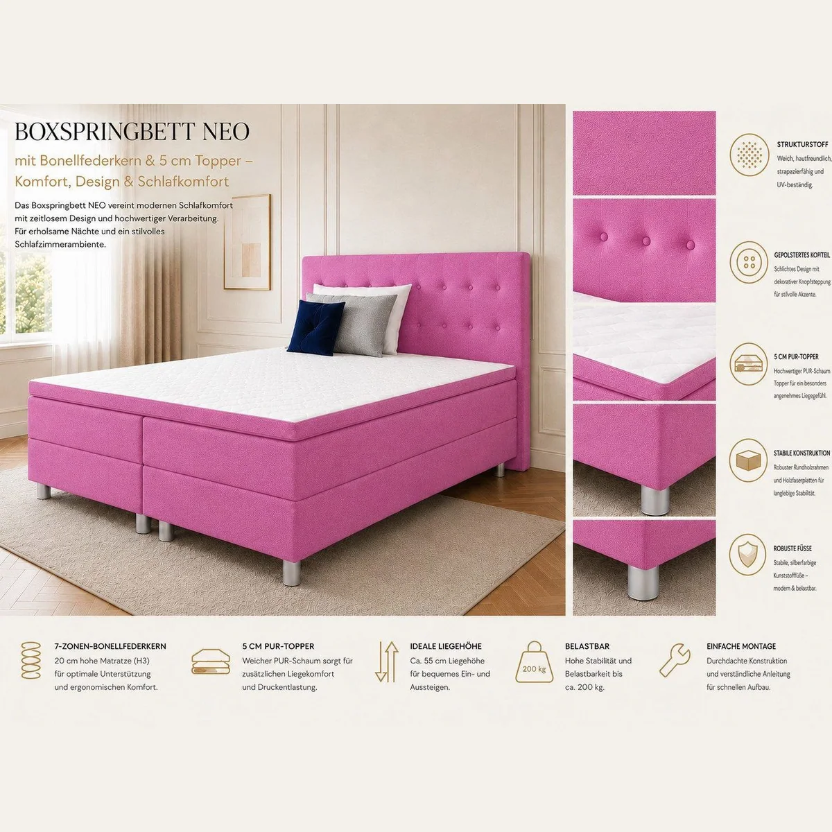 Best for Home Boxspringbett NEO, ergonomischer Schlafkomfort, modernes Design, inklusive Topper 3