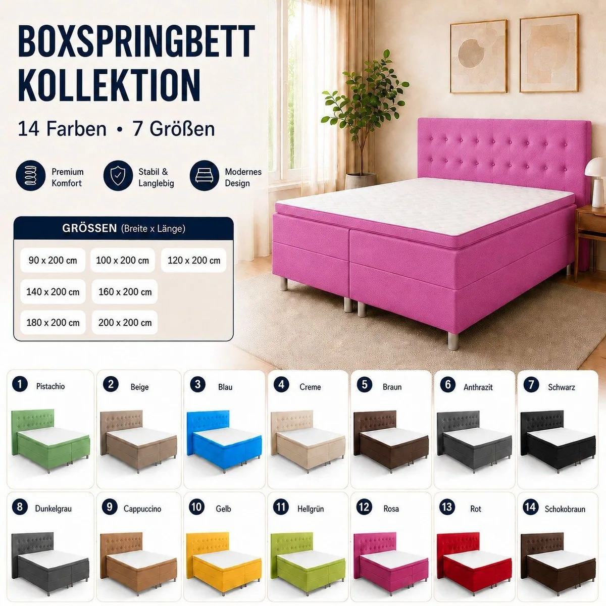 Best for Home Boxspringbett NEO, ergonomischer Schlafkomfort, modernes Design, inklusive Topper 5