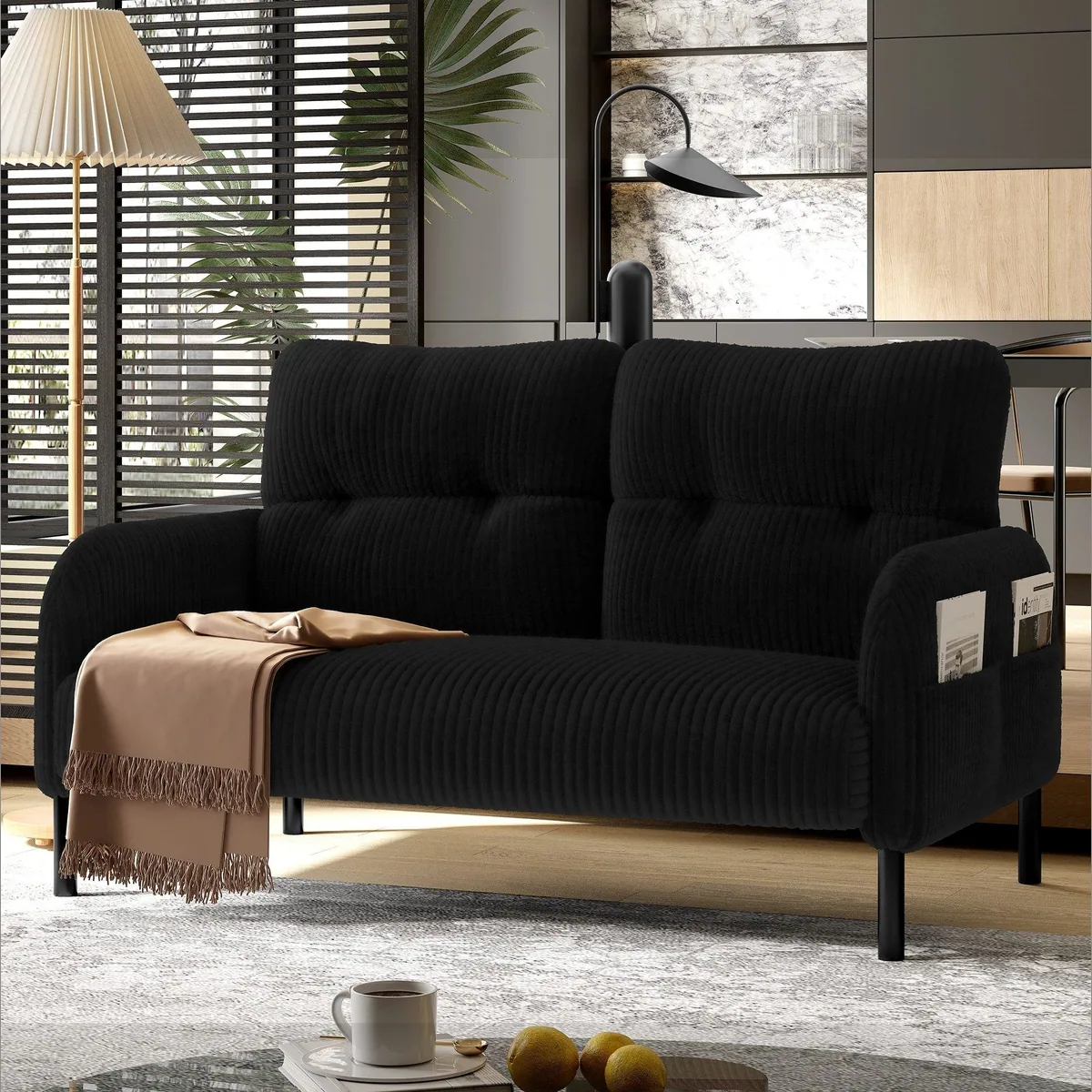 BlingBin Sofa 2-Sitzer, Komfortabler Cordstoff, Hohe Rückenlehne, Praktische Seitentaschen