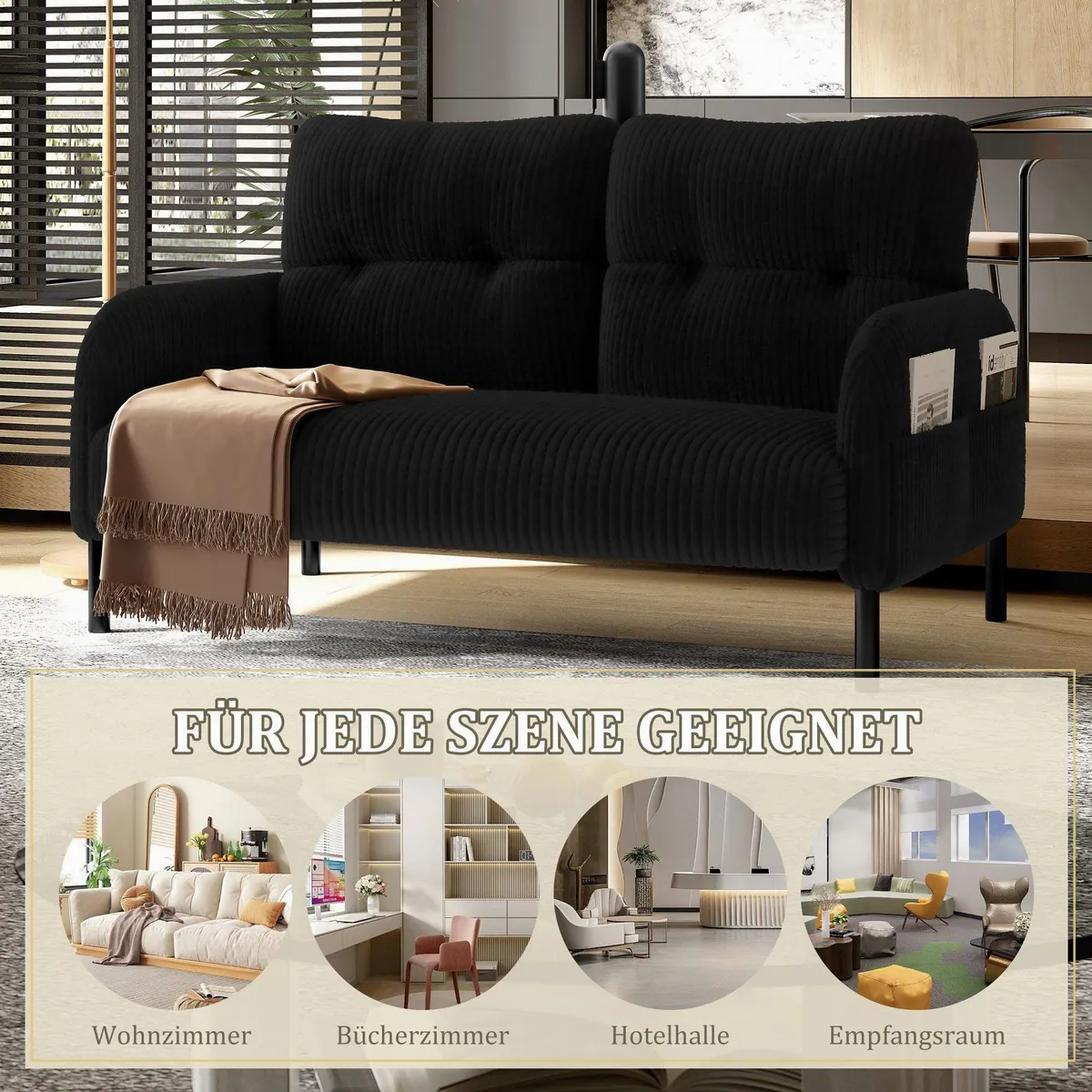 BlingBin Sofa 2-Sitzer, Komfortabler Cordstoff, Hohe Rückenlehne, Praktische Seitentaschen 2