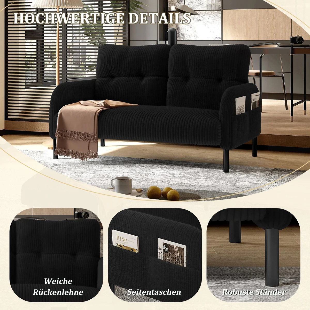 BlingBin Sofa 2-Sitzer, Komfortabler Cordstoff, Hohe Rückenlehne, Praktische Seitentaschen 3