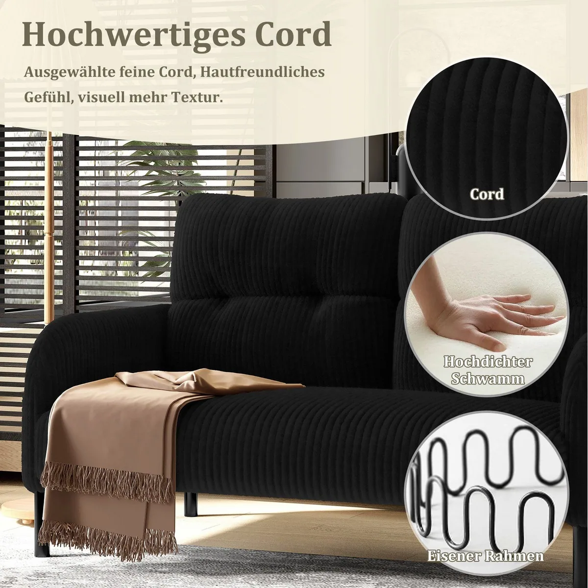BlingBin Sofa 2-Sitzer, Komfortabler Cordstoff, Hohe Rückenlehne, Praktische Seitentaschen 4