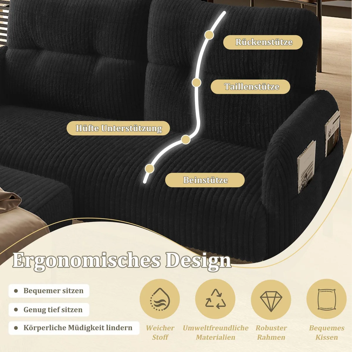 BlingBin Sofa 2-Sitzer, Komfortabler Cordstoff, Hohe Rückenlehne, Praktische Seitentaschen 5
