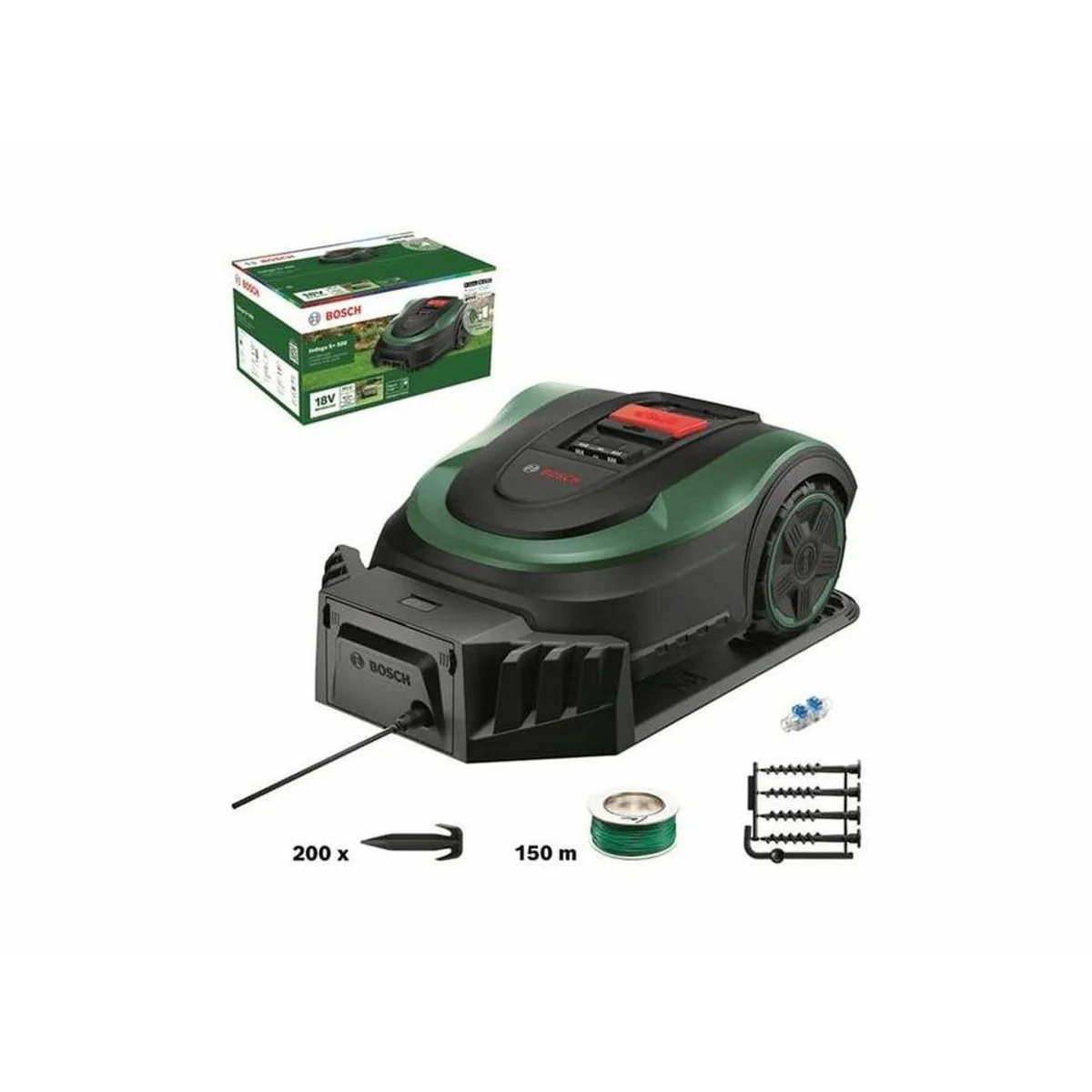 BOSCH Indego S+ 500 Rasenmähroboter, für Rasenflächen bis 500 m², App-gesteuert, inkl. Ladestation 2