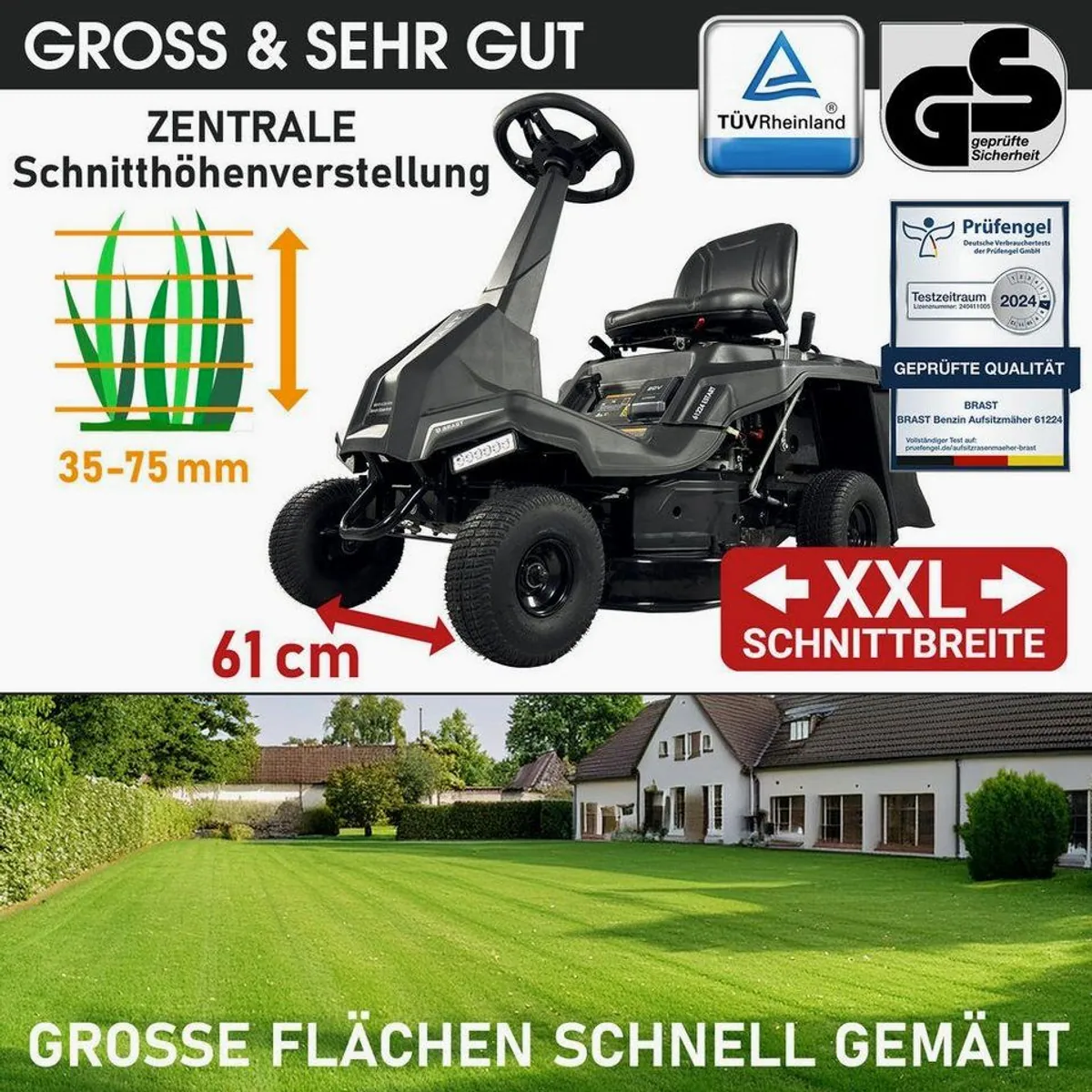 BRAST Rasentraktor Aufsitzmäher, Elektrostart, 61 cm Schnittbreite, 150L Fangkorb 5