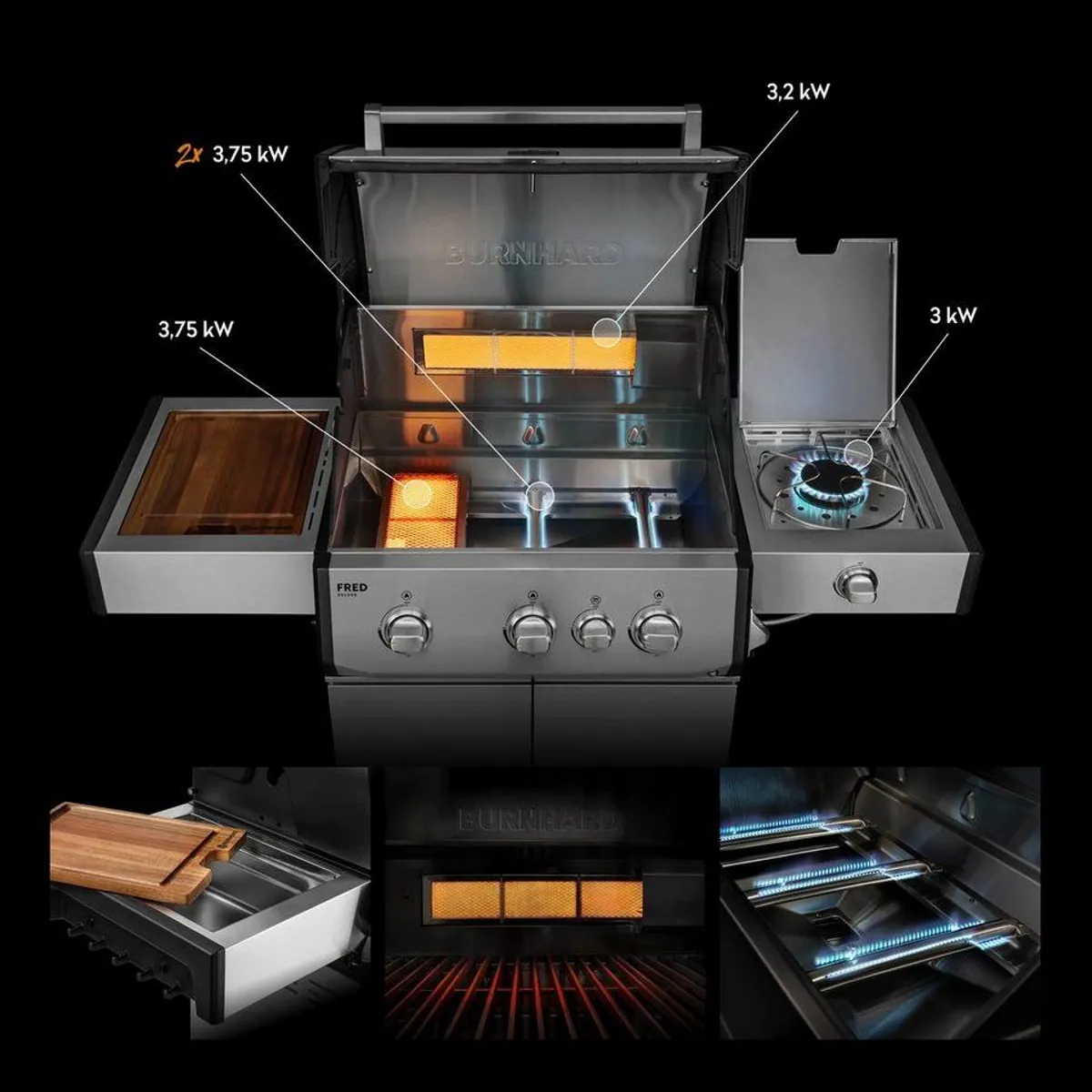 BURNHARD FRED Deluxe Gasgrill 3-Brenner, vielseitige BBQ-Optionen, Infrarot-Keramikbrenner, Edelstahl 2