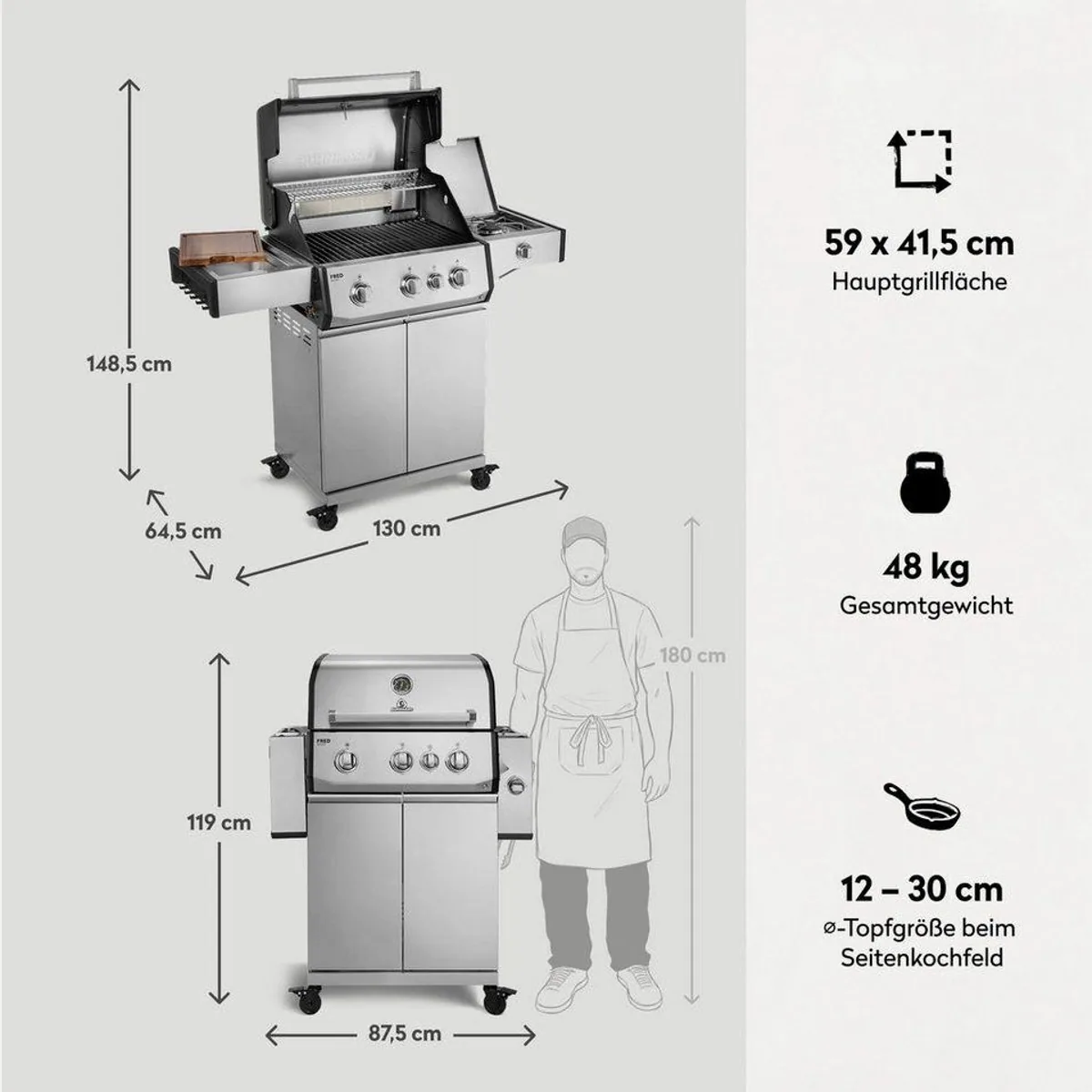 BURNHARD FRED Deluxe Gasgrill 3-Brenner, vielseitige BBQ-Optionen, Infrarot-Keramikbrenner, Edelstahl 3