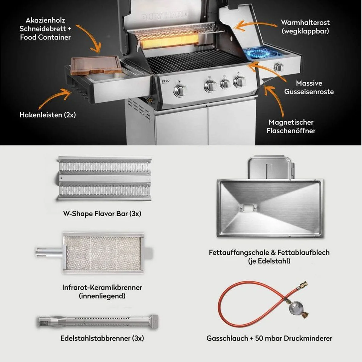 BURNHARD FRED Deluxe Gasgrill 3-Brenner, vielseitige BBQ-Optionen, Infrarot-Keramikbrenner, Edelstahl 4