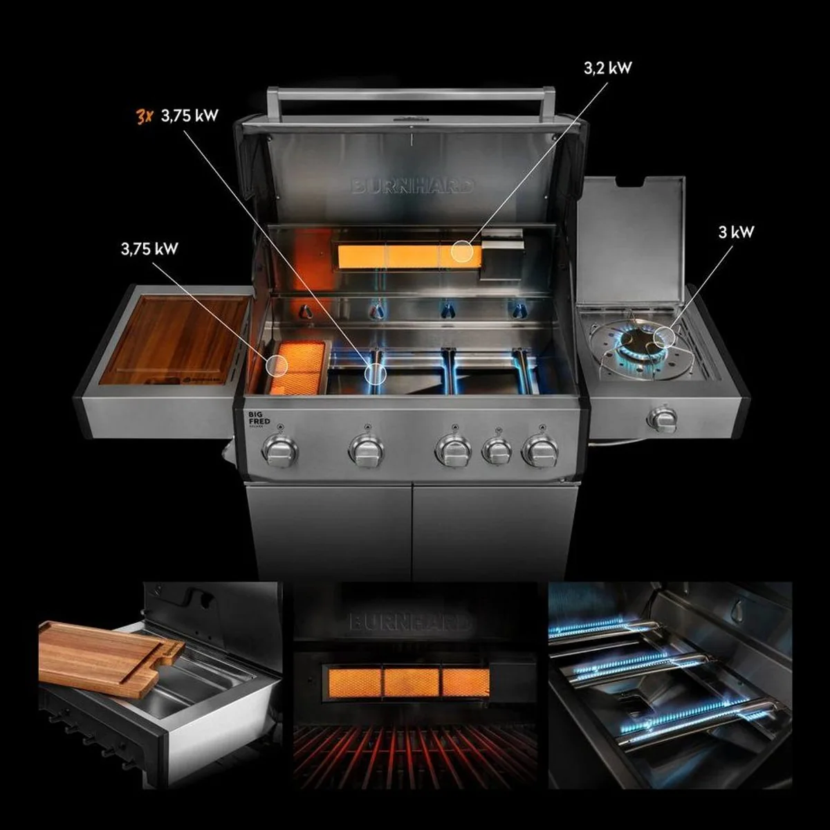 BURNHARD Big FRED Deluxe Gasgrill 4-Brenner, 21,2 kW Leistung, Infrarot-Keramikbrenner, Edelstahl 2