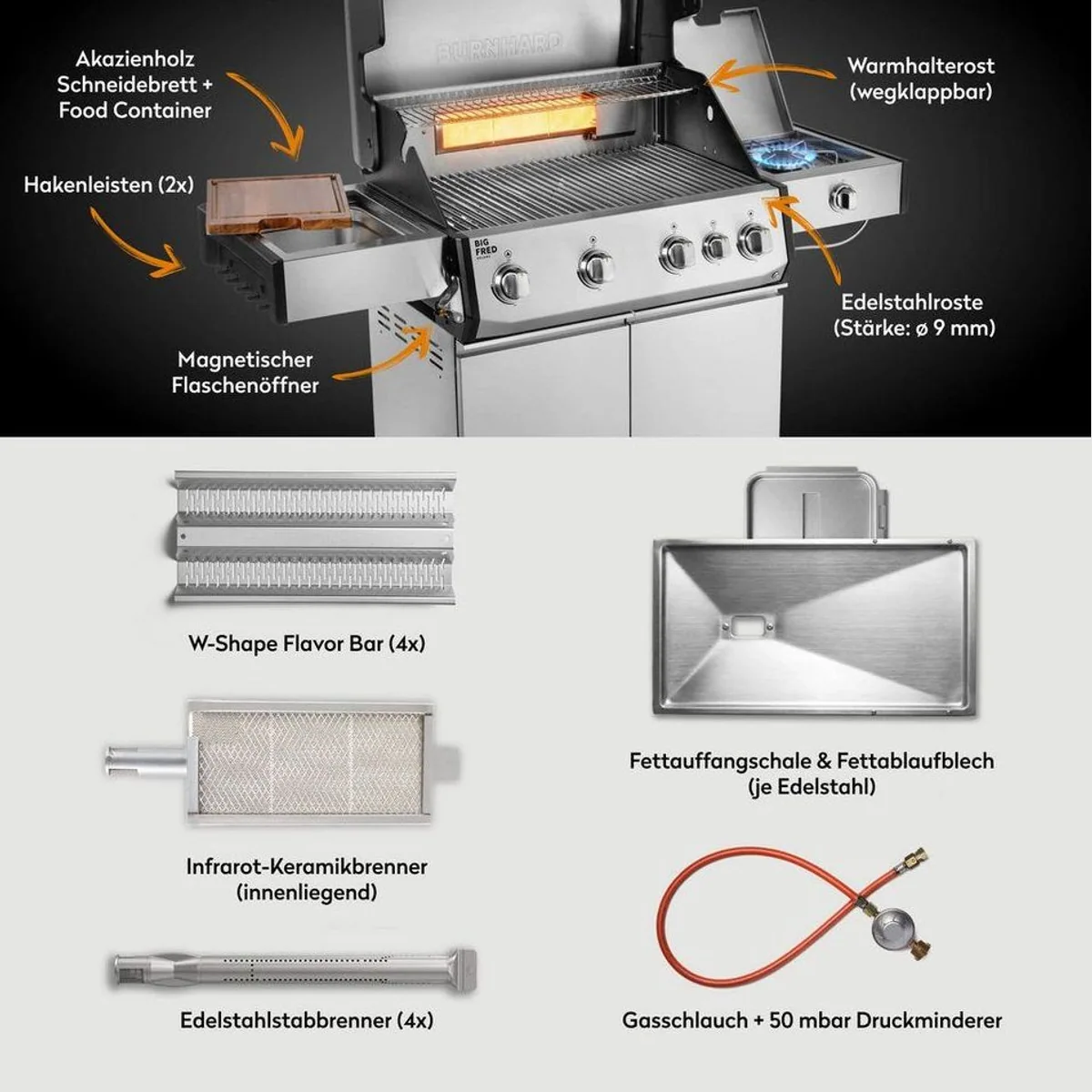 BURNHARD Big FRED Deluxe Gasgrill 4-Brenner, 21,2 kW Leistung, Infrarot-Keramikbrenner, Edelstahl 4