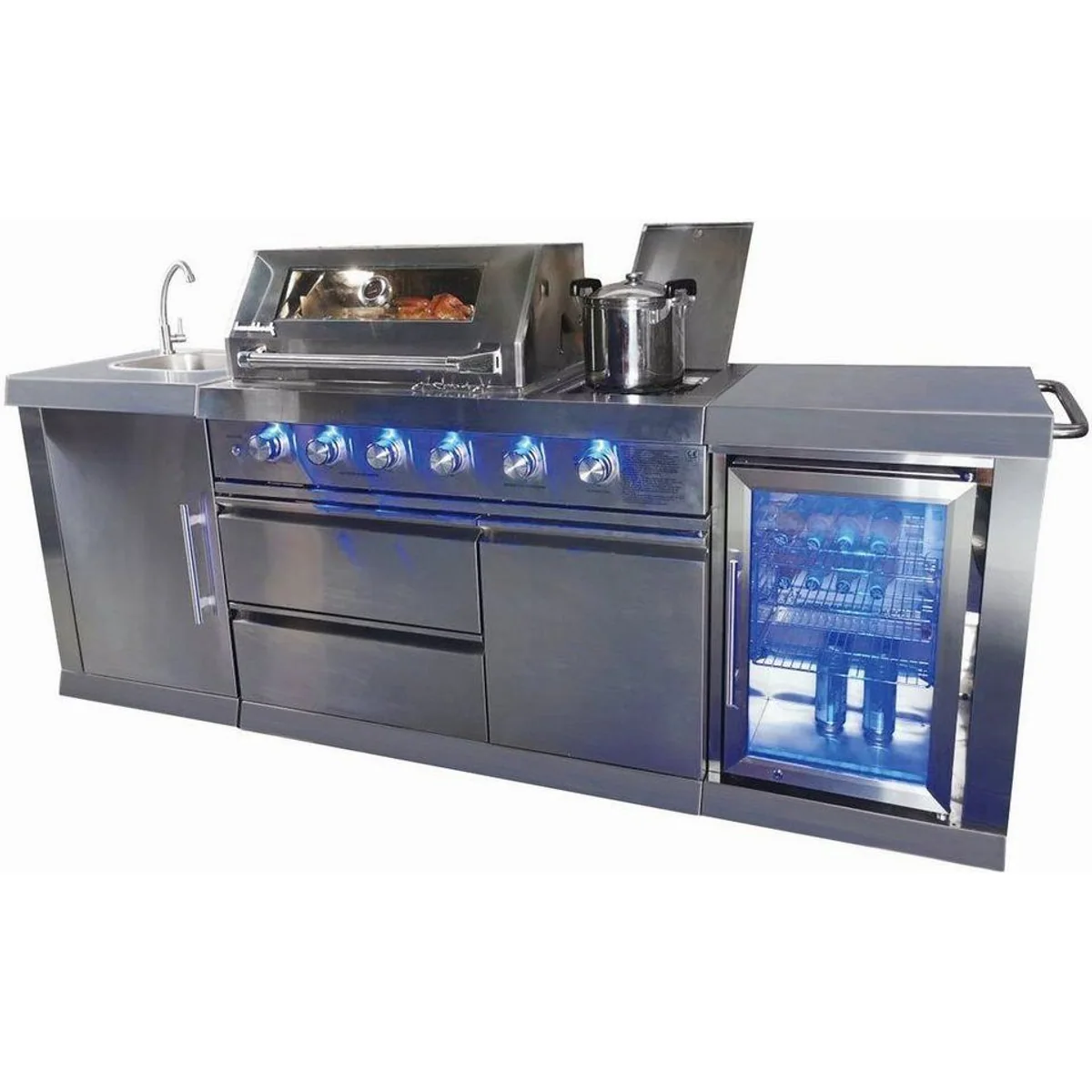 Buschbeck Oxford Outdoorküche mit Gasgrill, Kühlschrank und Spülbecken — Edelstahl, Sichtfenster, 4 Brenner