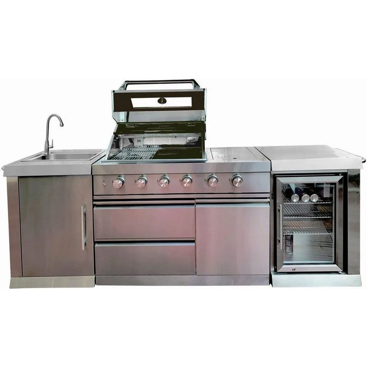 Buschbeck Oxford Outdoorküche mit Gasgrill, Kühlschrank und Spülbecken — Edelstahl, Sichtfenster, 4 Brenner 3