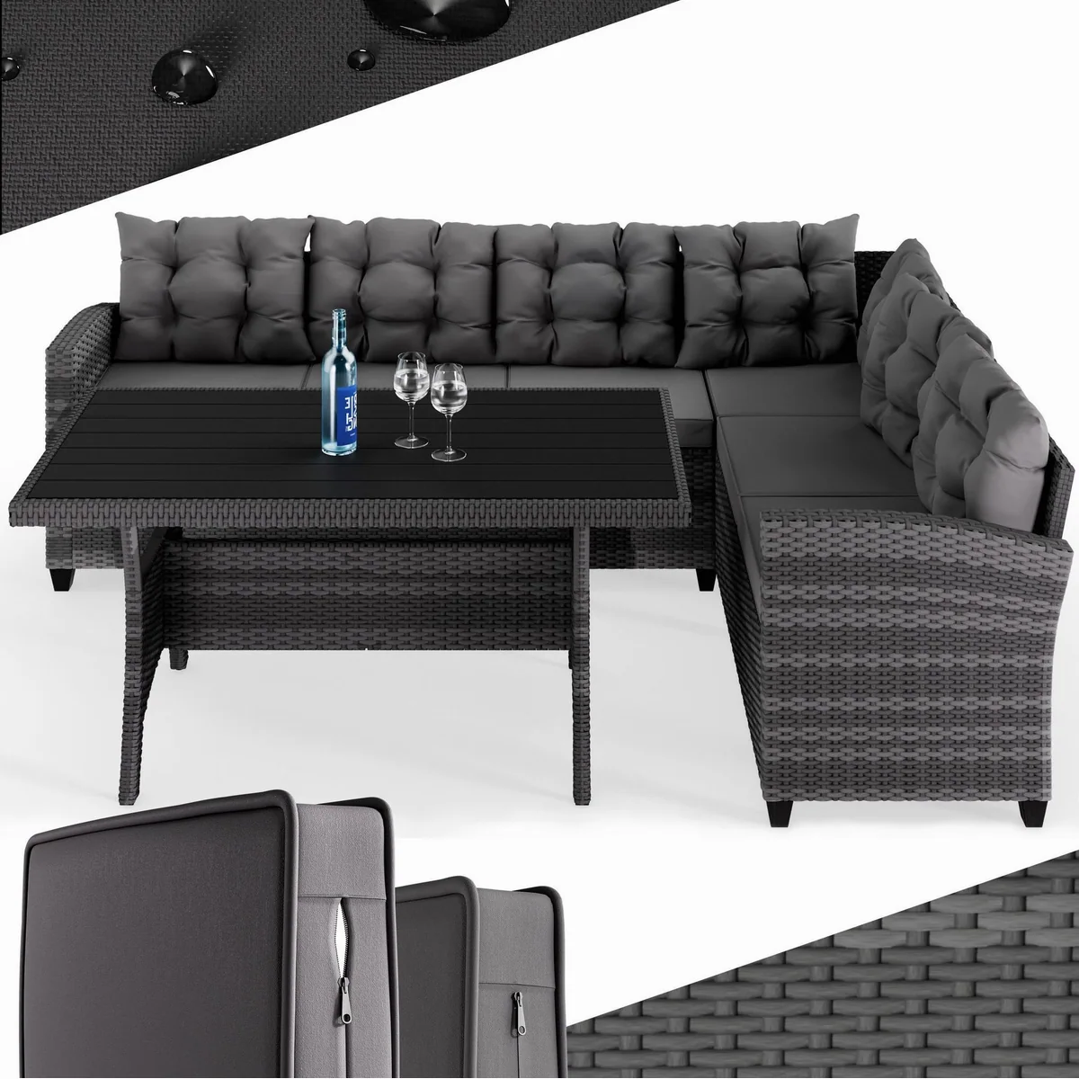 Casaria Gartenlounge-Set Lissabon, Polyrattan, wetterfest, mit WPC-Tischplatte